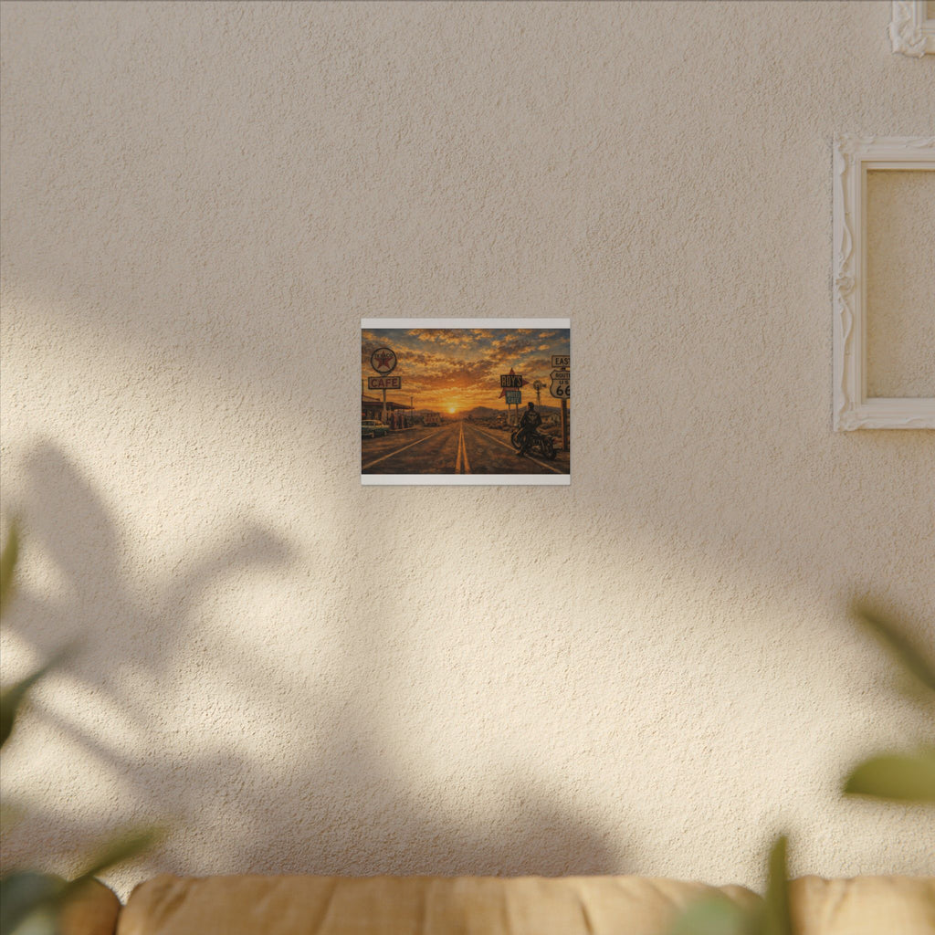 Route 66 Sunset Motorcycle Canvas Wall Art — Vintage Roadside Cafe Print