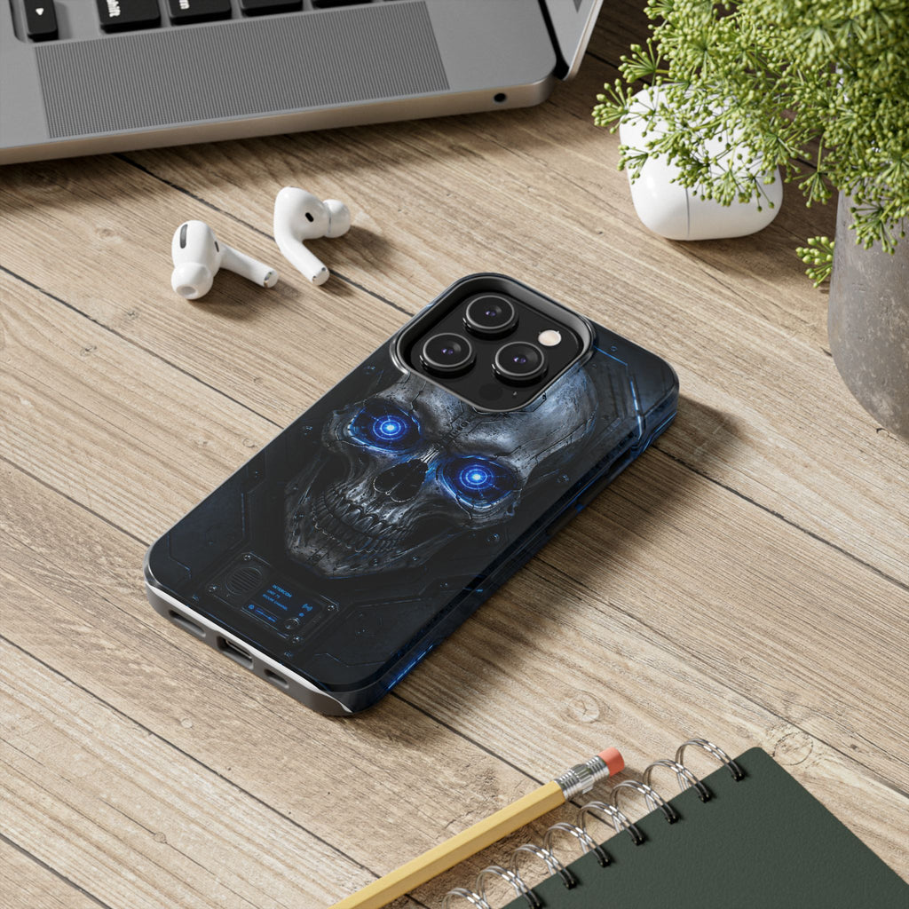 Cyber Skull Tough Phone Case — Blue LED Scary Robot Skull iPhone Case