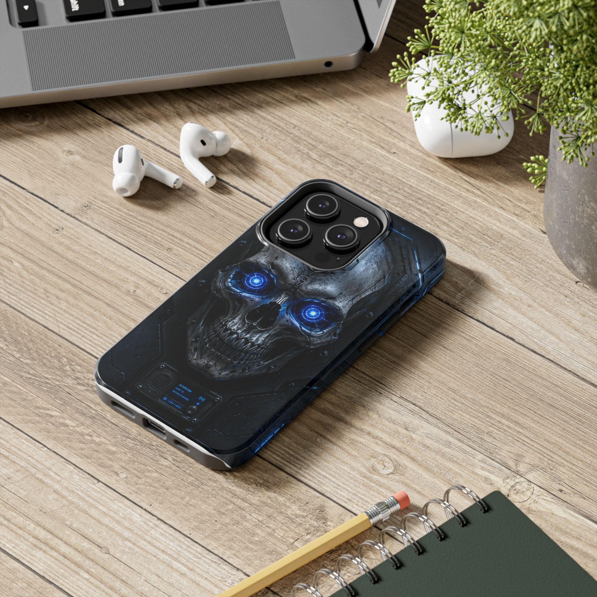 Cyber Skull Tough Phone Case — Blue LED Scary Robot Skull iPhone Case