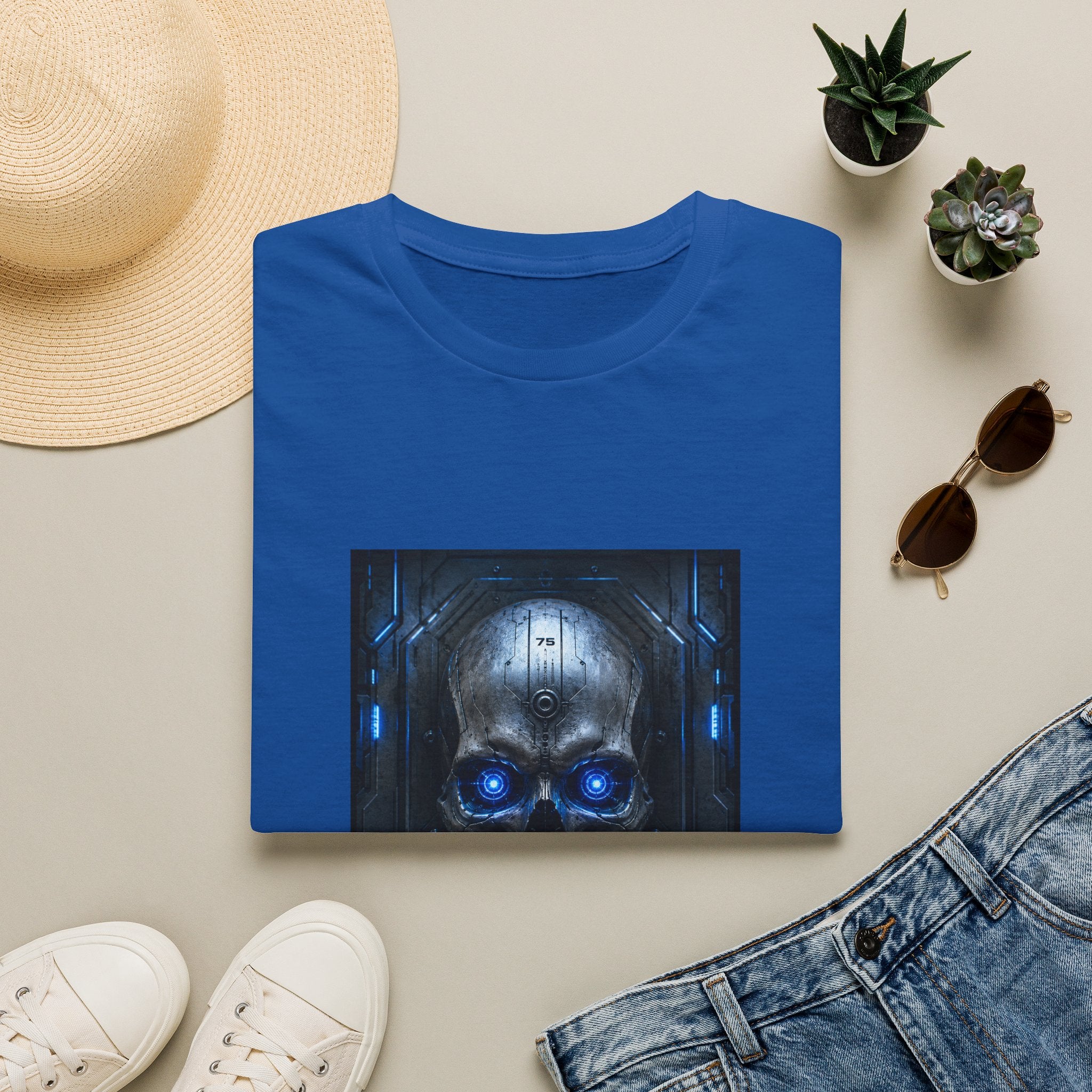 Skull Cyberpunk T-Shirt — Blue Glowing Skull Sci‑Fi Graphic Tee