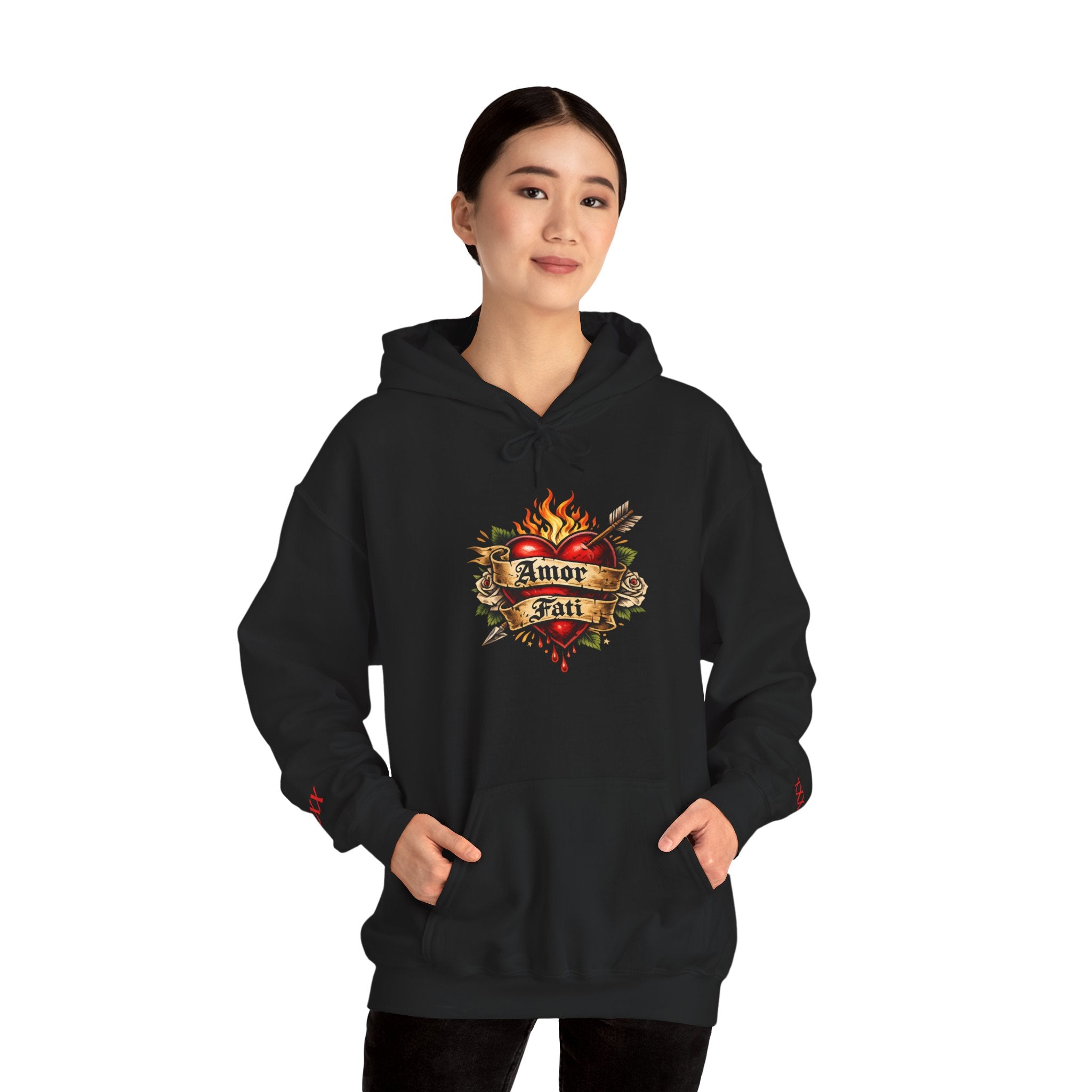 Amor Fati Flaming Heart Hoodie — Tattoo-Style Motivational Pullover