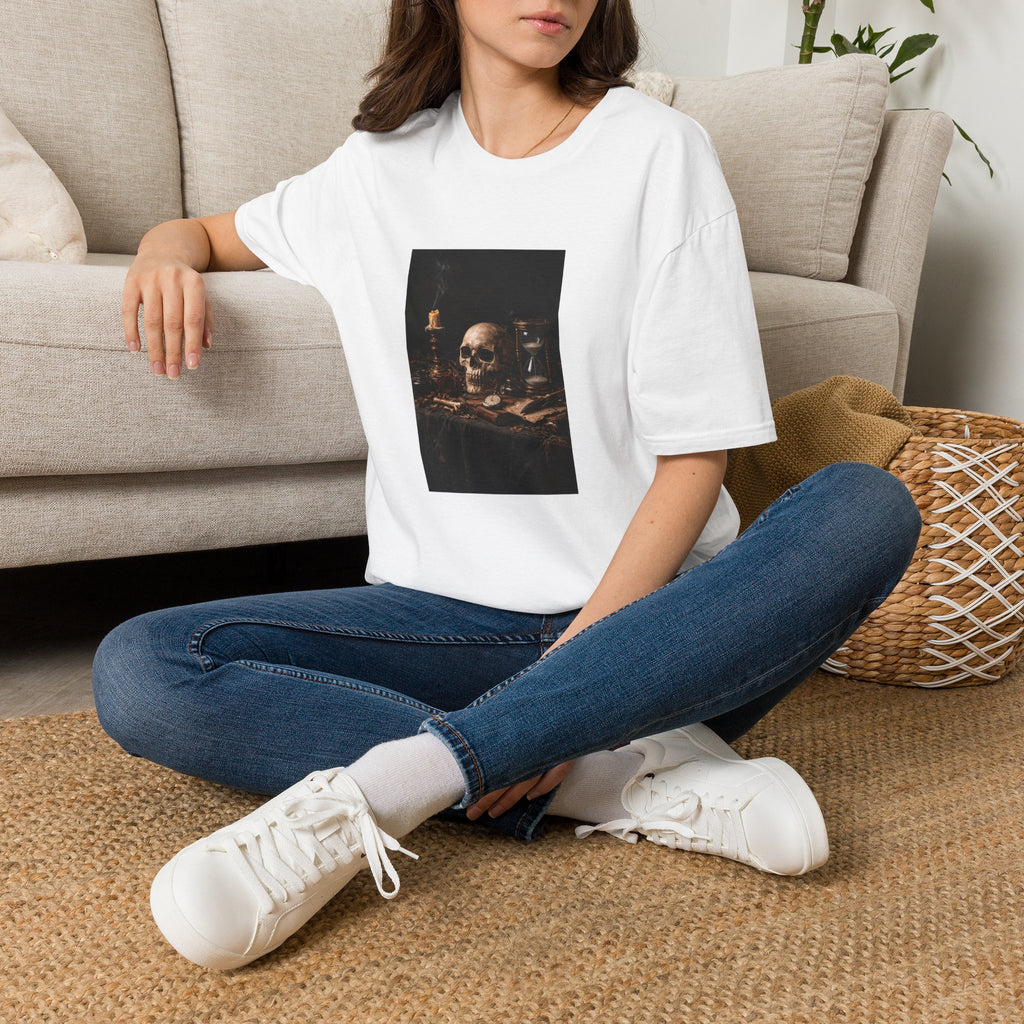 Skull Still Life T-Shirt — Vintage Vanitas Candle & Hourglass Tee