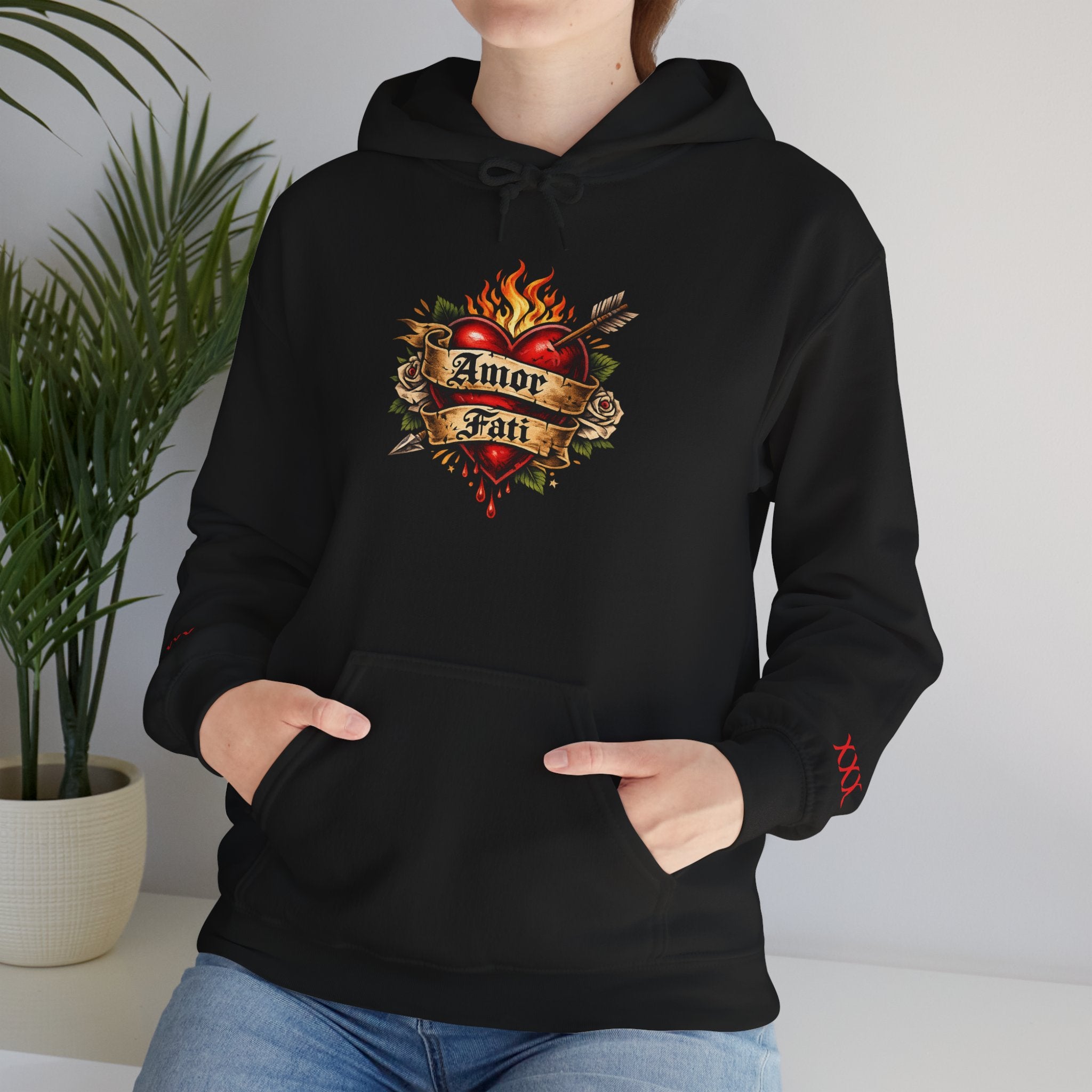 Amor Fati Flaming Heart Hoodie — Tattoo-Style Motivational Pullover