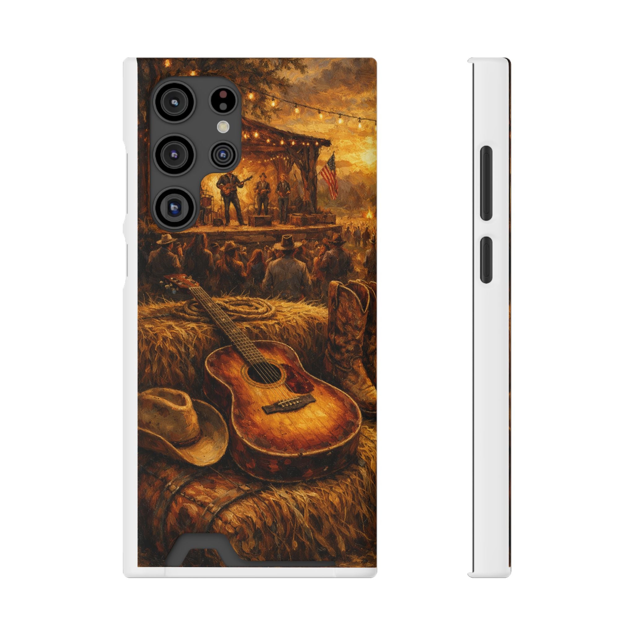 Country Music Guitar Phone Case with Card Holder — Rustic Concert Scene