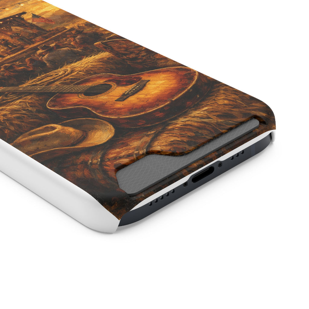 Country Music Guitar Phone Case with Card Holder — Rustic Concert Scene
