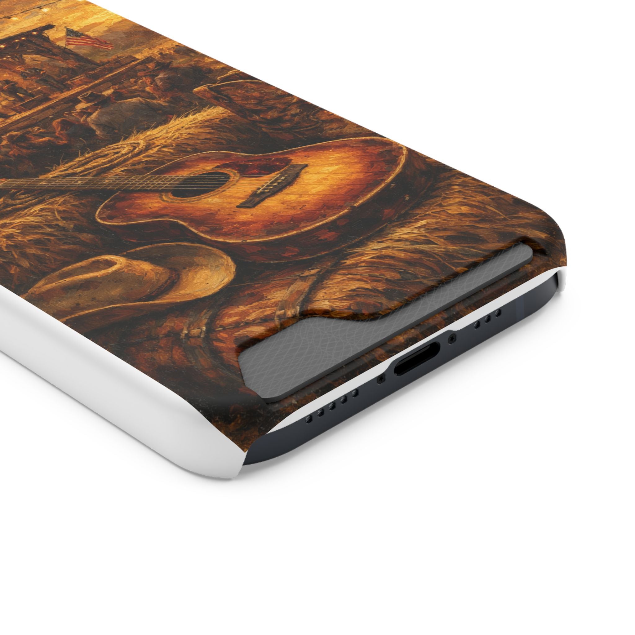 Country Music Guitar Phone Case with Card Holder — Rustic Concert Scene