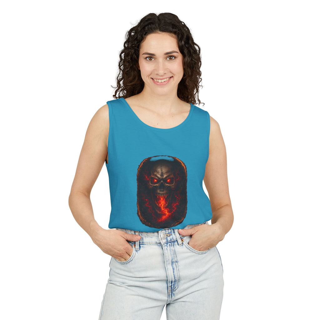 Demon Skull Flame Tank Top — Horror Graphic Summer Tee