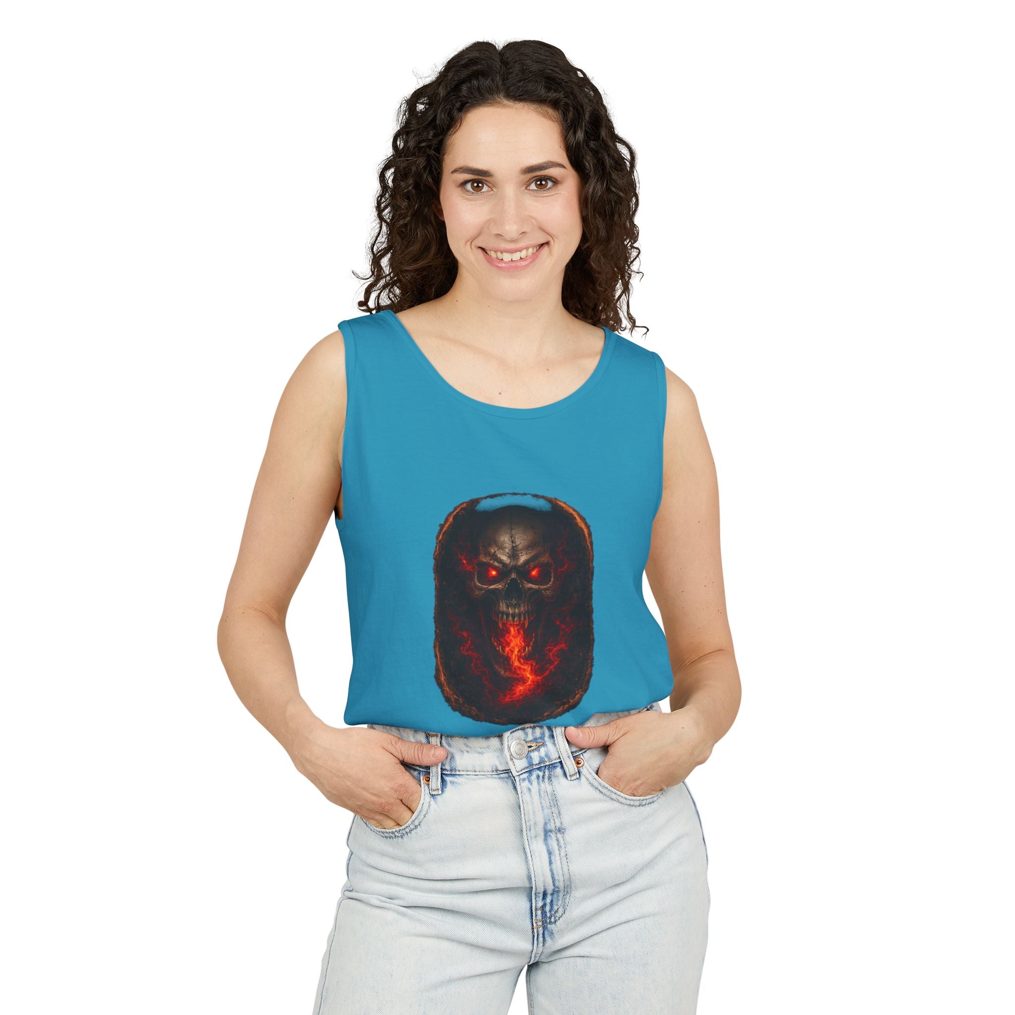 Demon Skull Flame Tank Top — Horror Graphic Summer Tee