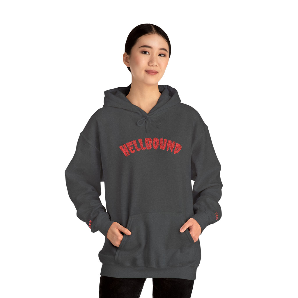 Hellbound Hoodie — Gothic Red Script Embroidered Pullover
