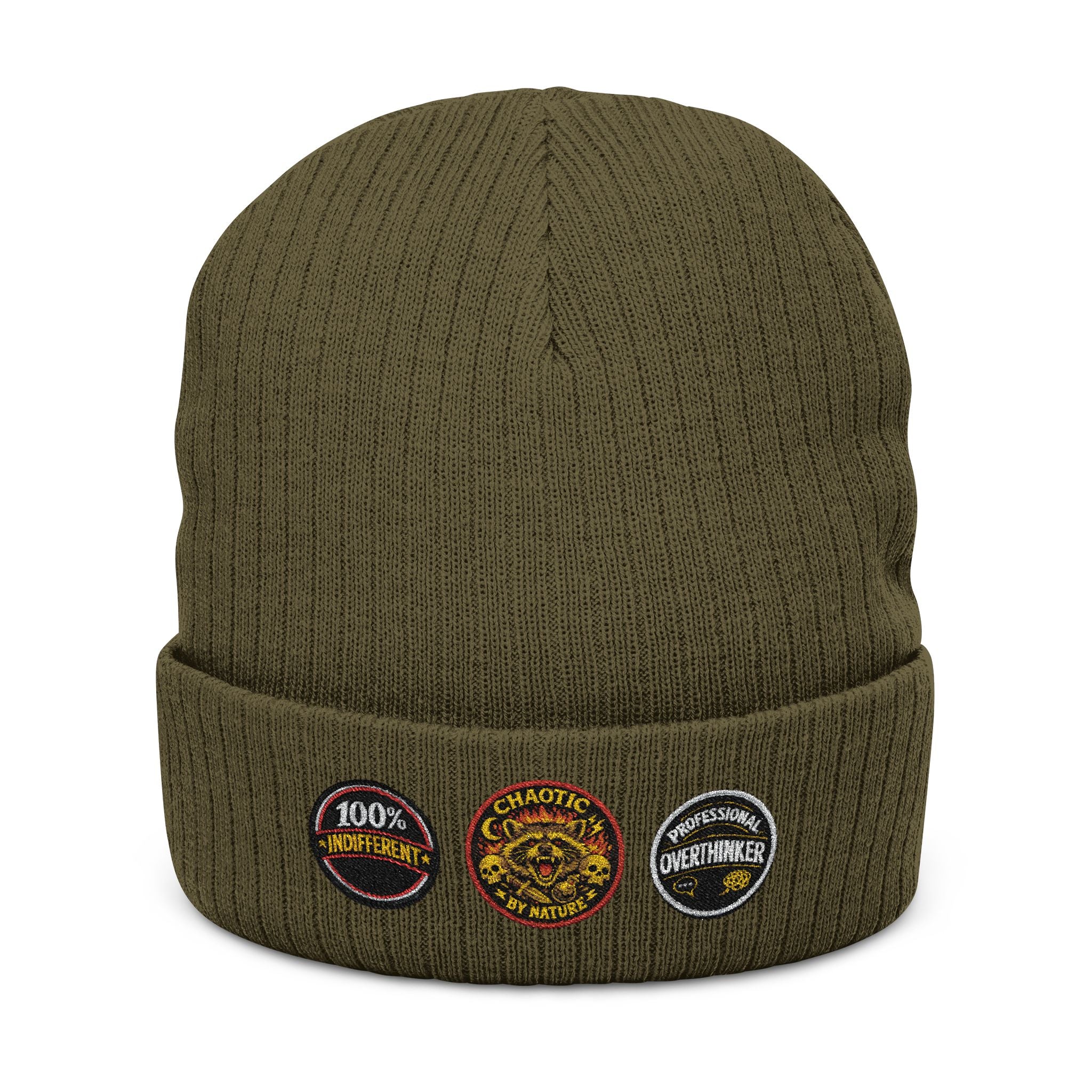 Faux-Embroidered Patch Ribbed Beanie — Vintage Crest Trio Knit Hat