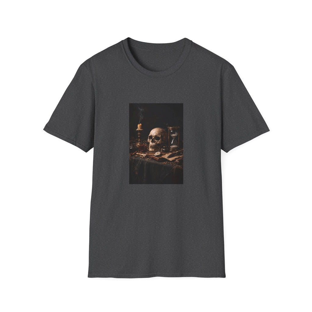 Skull Still Life T-Shirt — Vintage Vanitas Candle & Hourglass Tee