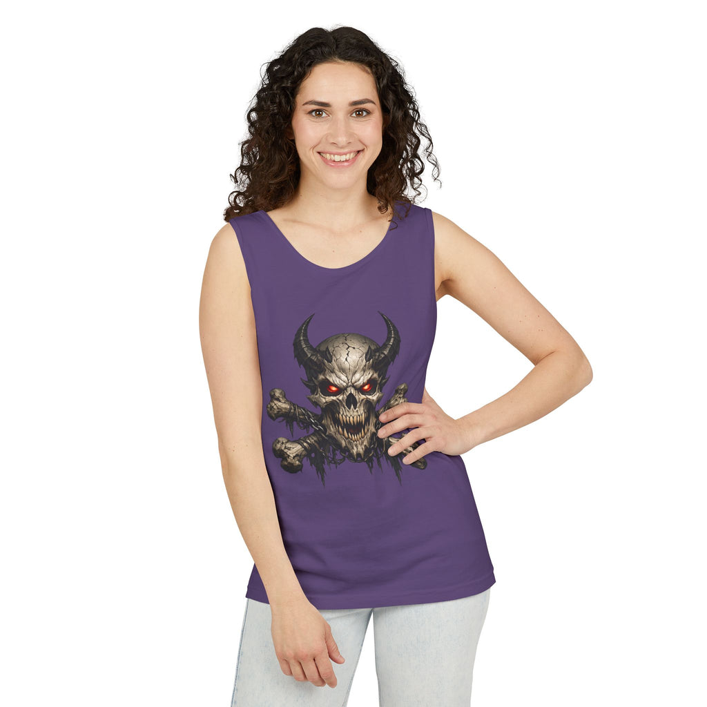 Demon Skull Tank Top — Red-Eyed Skull & Crossbones Graphic