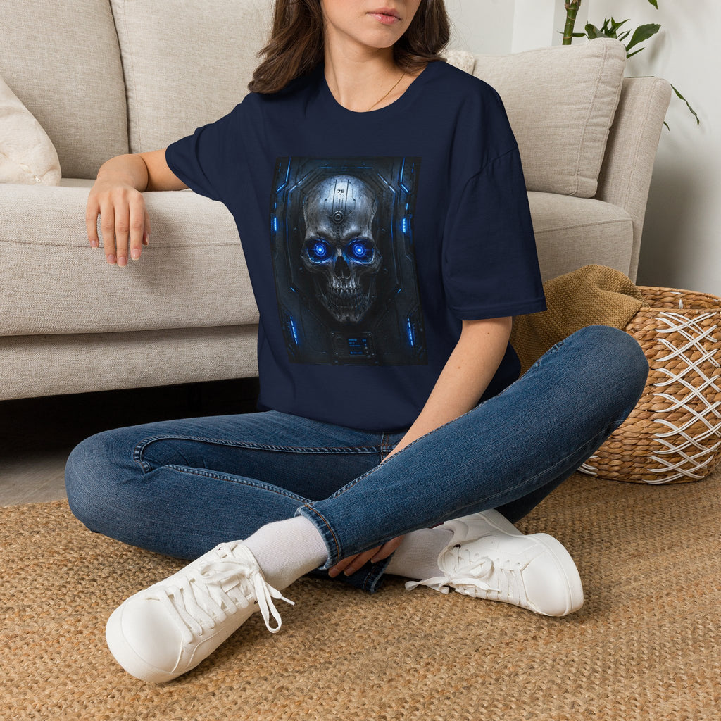 Skull Cyberpunk T-Shirt — Blue Glowing Skull Sci‑Fi Graphic Tee
