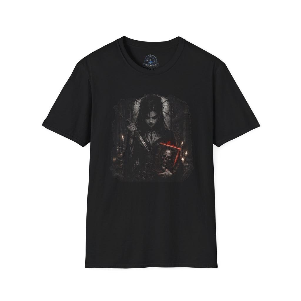 Gothic Witchy Girl T-Shirt — Dark Horror Art Tee with Red Sword