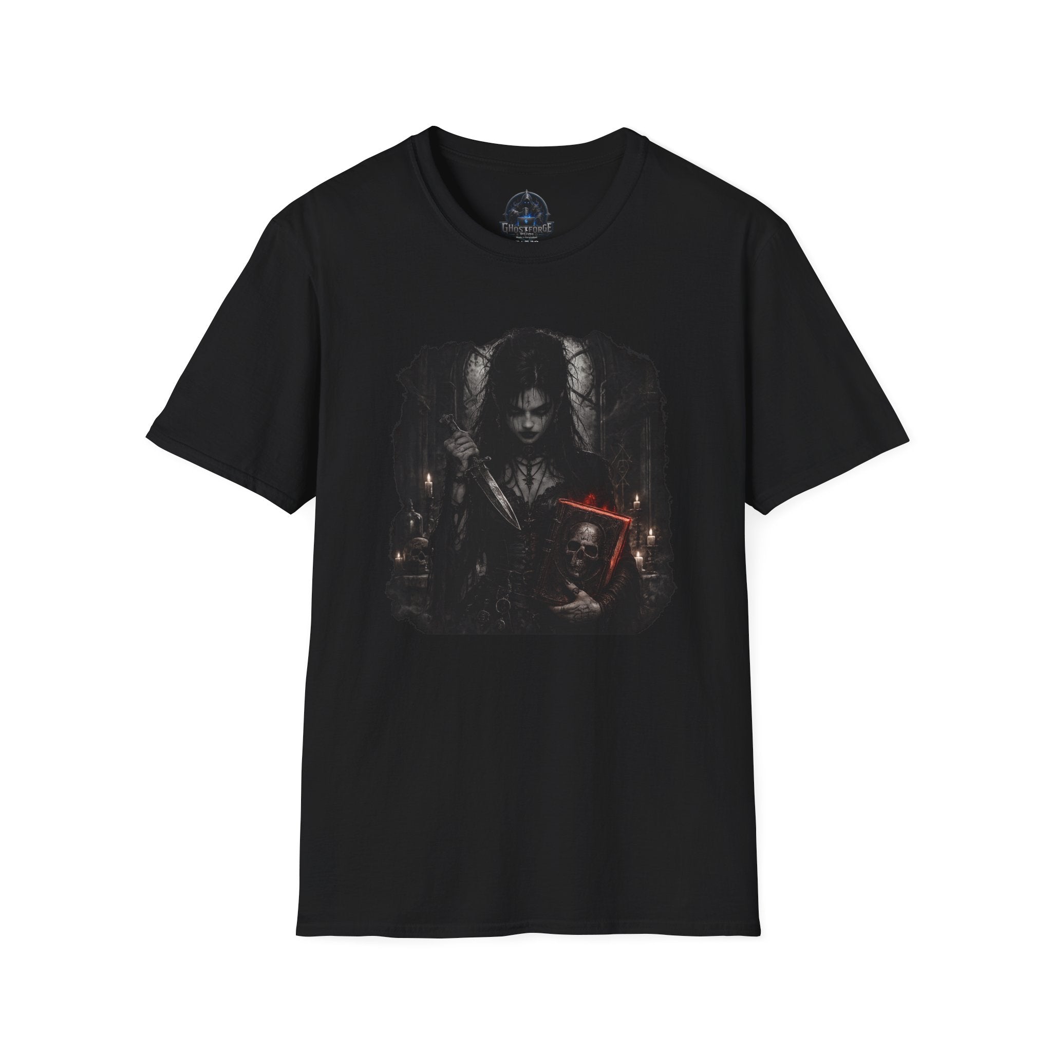 Gothic Witchy Girl T-Shirt — Dark Horror Art Tee with Red Sword