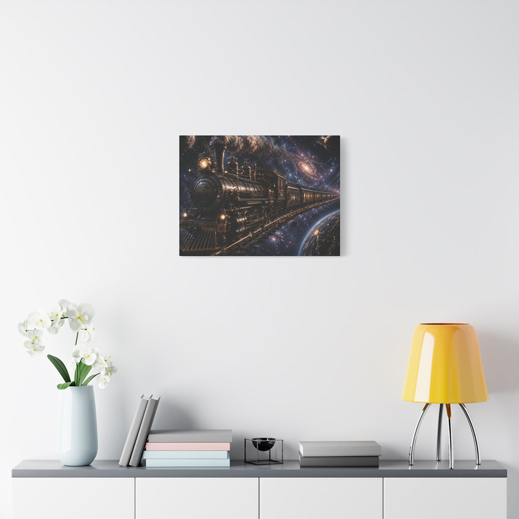 Steam Train Through the Cosmos Canvas Art — Vintage Locomotive Space Poster