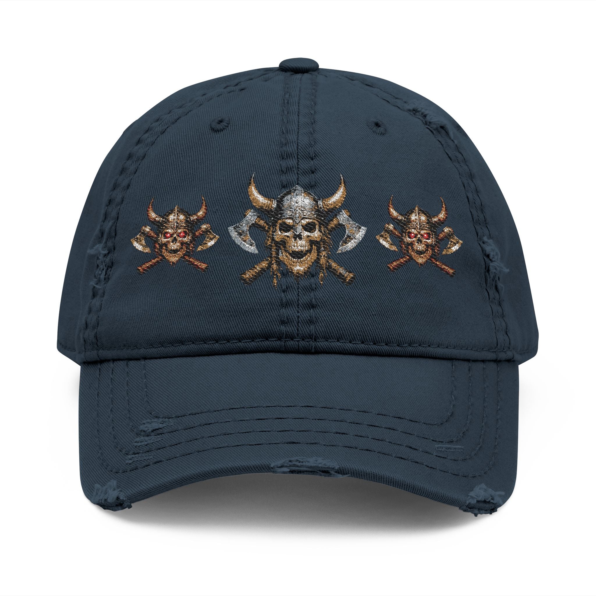 Distressed Viking Skull & Crossed Axes Embroidered Dad Hat