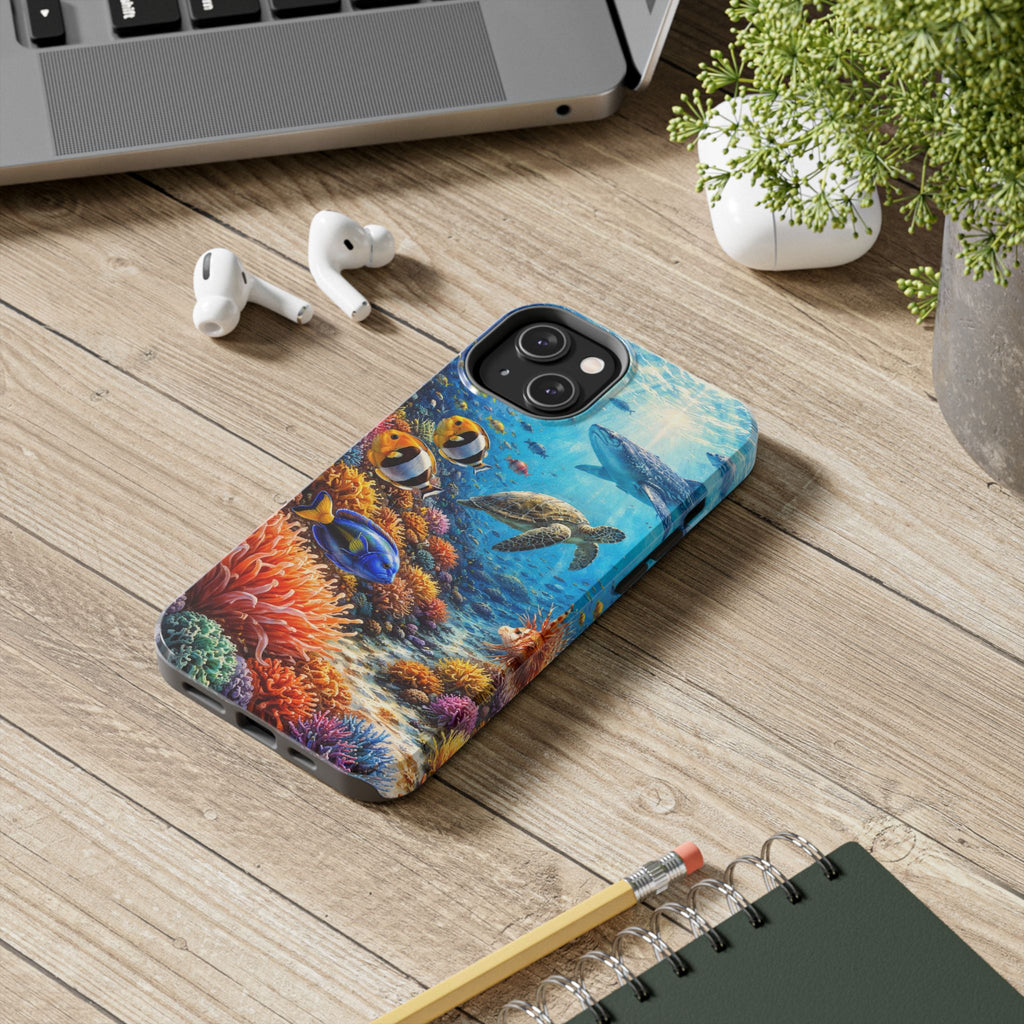 Ocean Reef Tough Phone Case — Colorful Sea Turtle & Tropical Fish Design