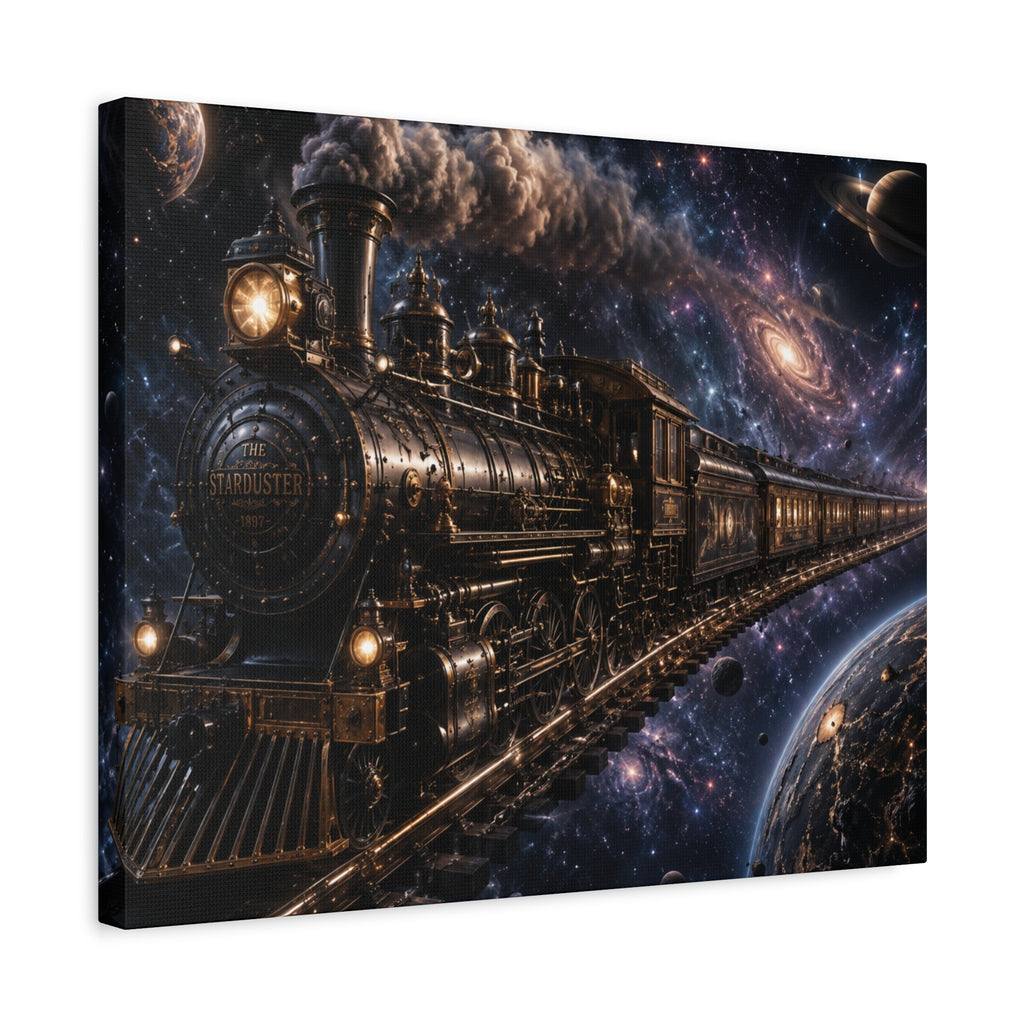Steam Train Through the Cosmos Canvas Art — Vintage Locomotive Space Poster