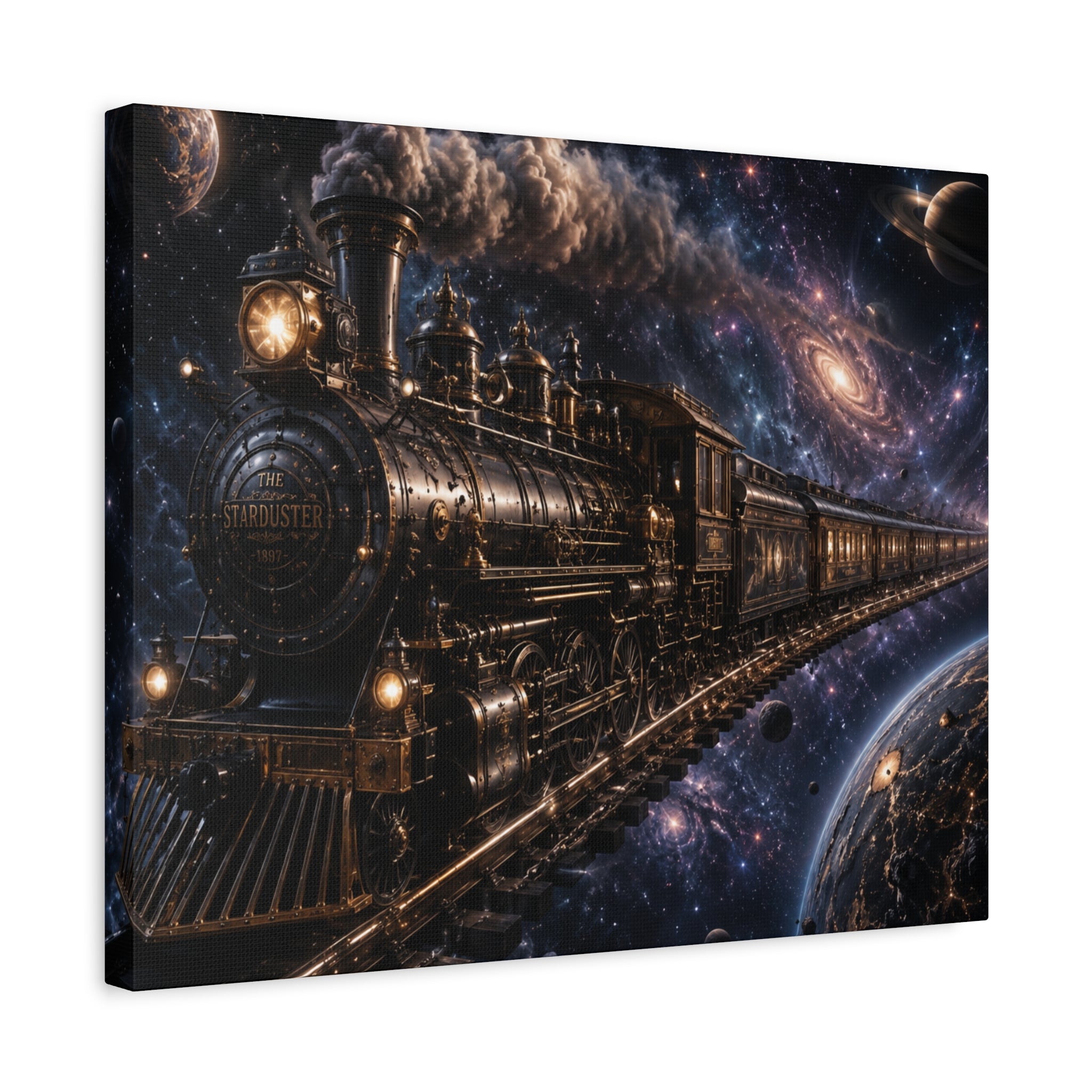 Steam Train Through the Cosmos Canvas Art — Vintage Locomotive Space Poster