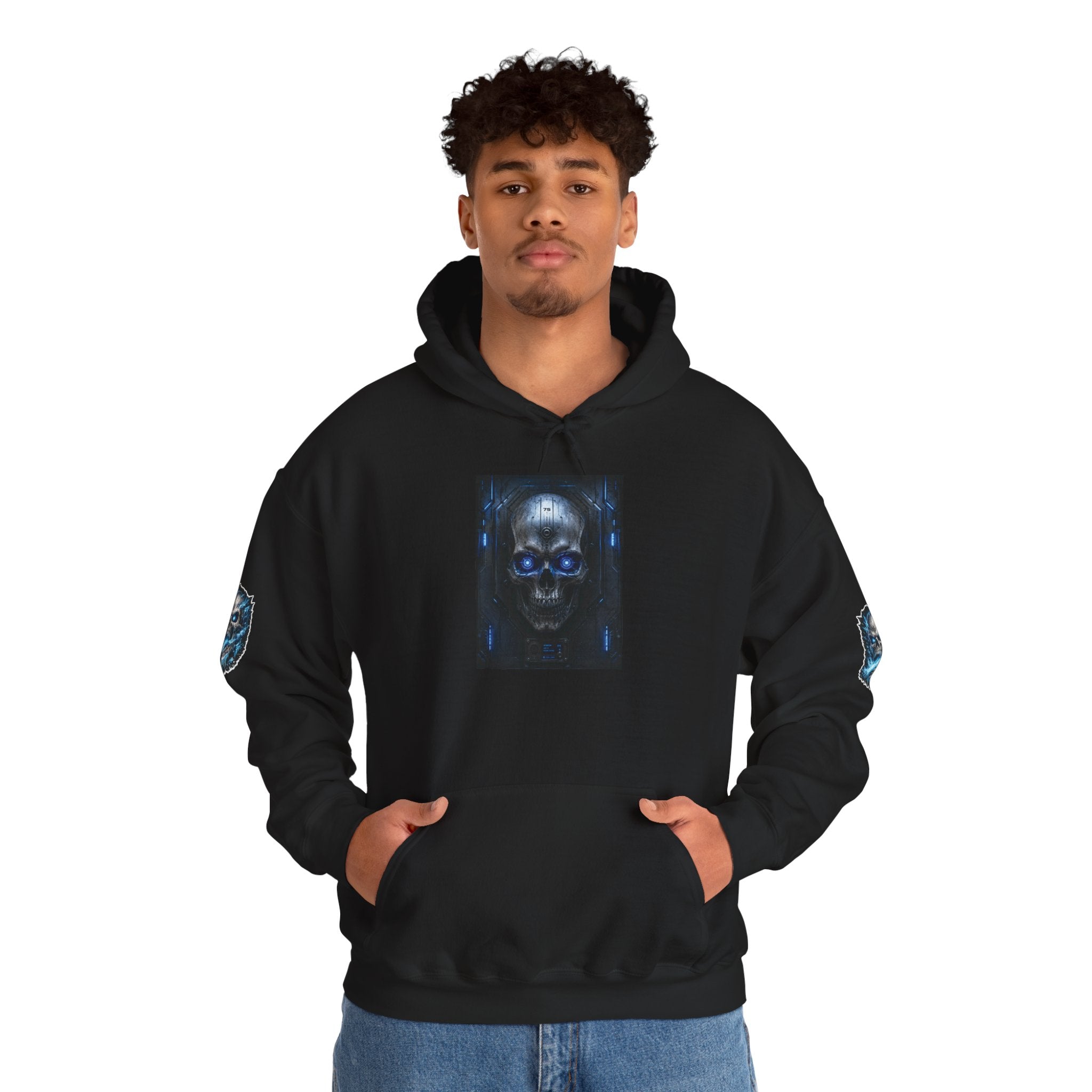 Premium Skull Hoodie — Blue Cyber Skull Graphic Pullover