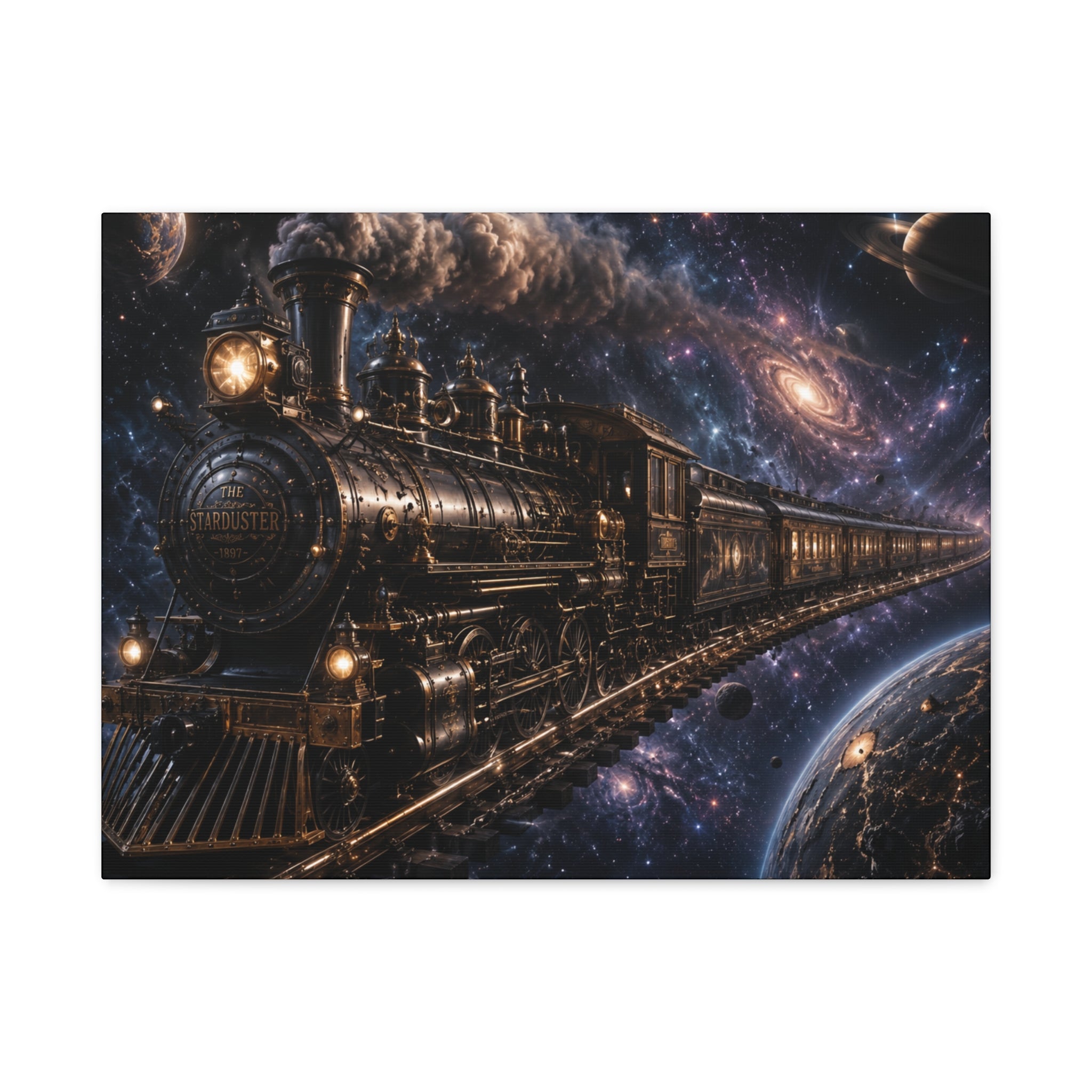 Steam Train Through the Cosmos Canvas Art — Vintage Locomotive Space Poster