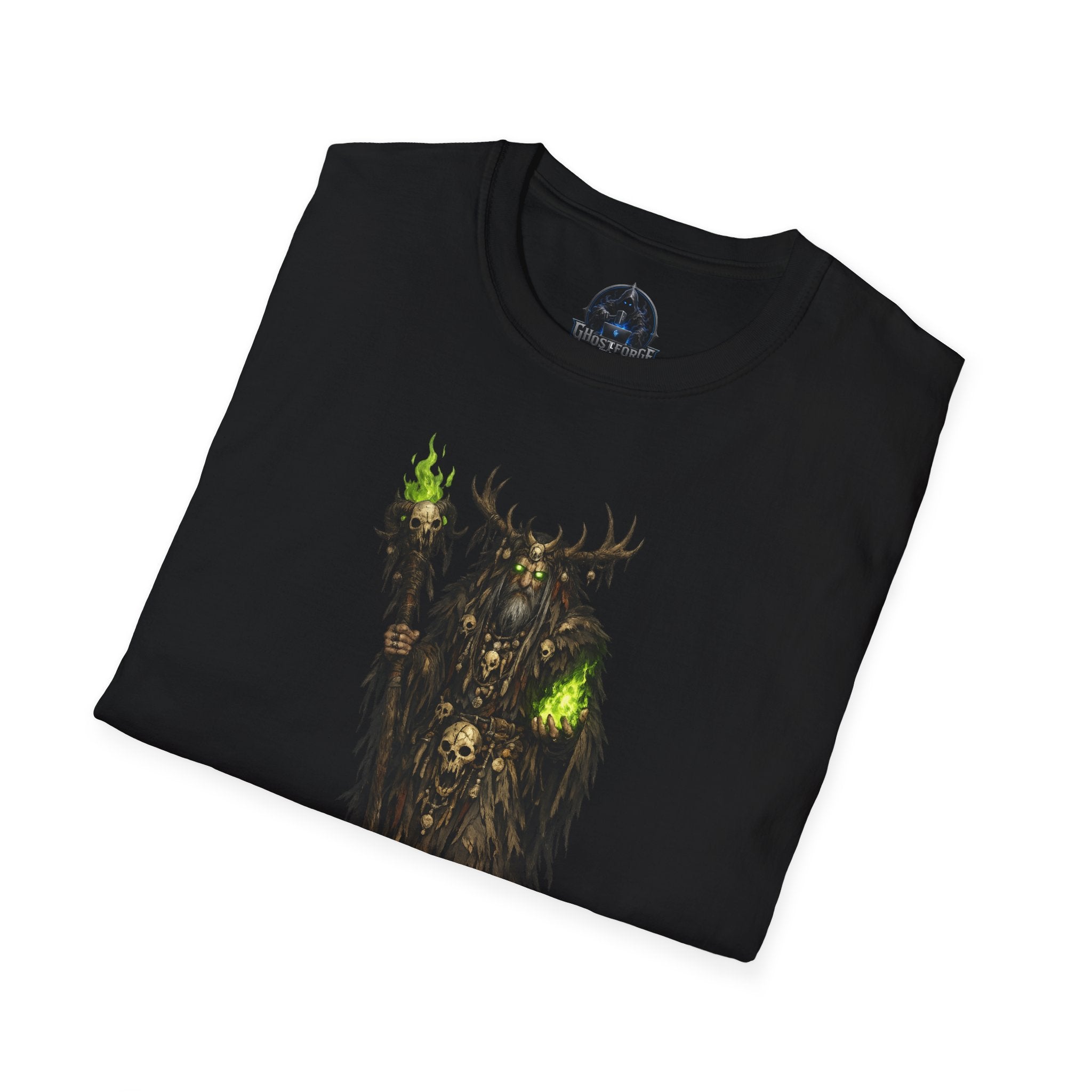 Druid Necromancer T‑Shirt — Green Flame Forest Shaman Graphic Tee