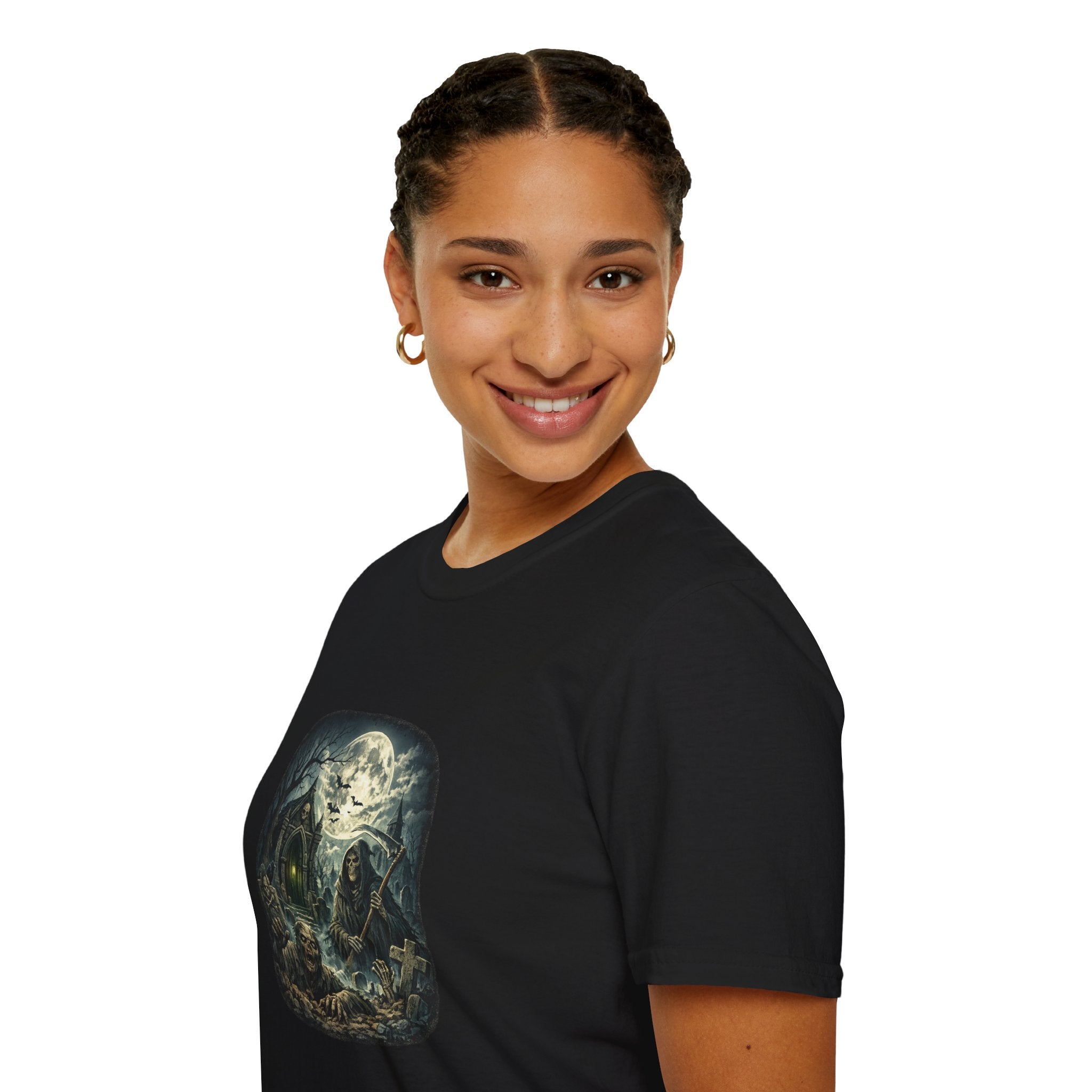 Haunted Graveyard T-Shirt — Moonlit Reaper & Haunted Crypt Graphic Tee