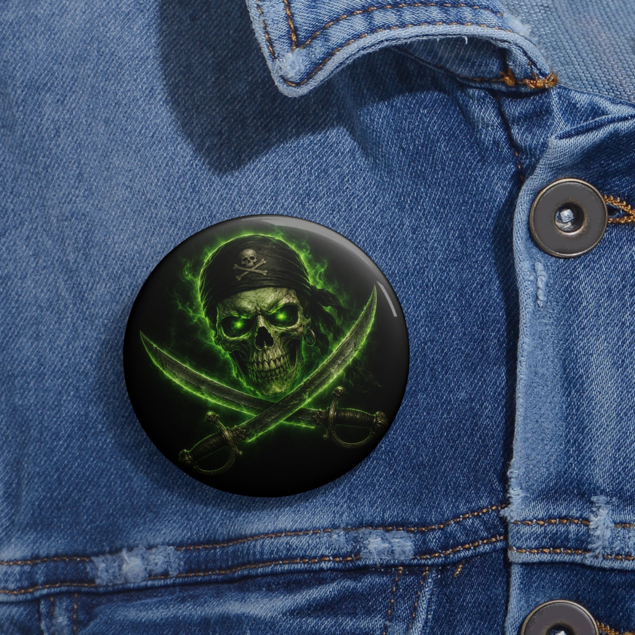 Pirate Skull Pin Button — Green Glow Crossed Swords Badge