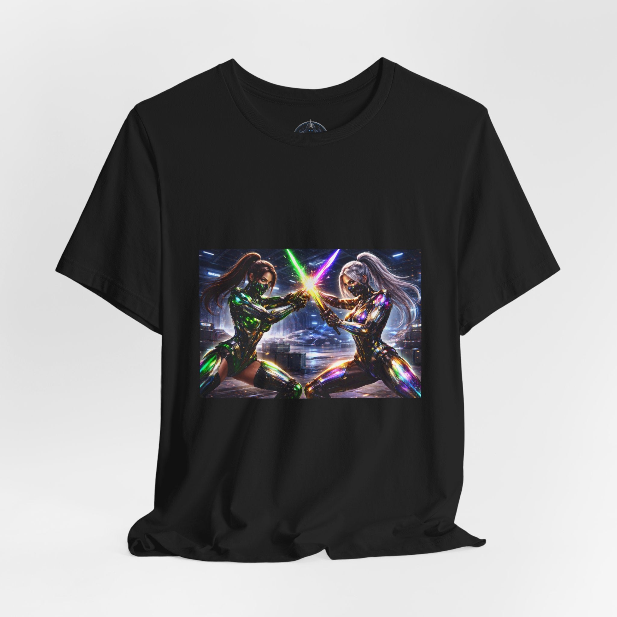 Sci‑Fi Duel Graphic Tee — Neon Cyber Warriors Chest Print
