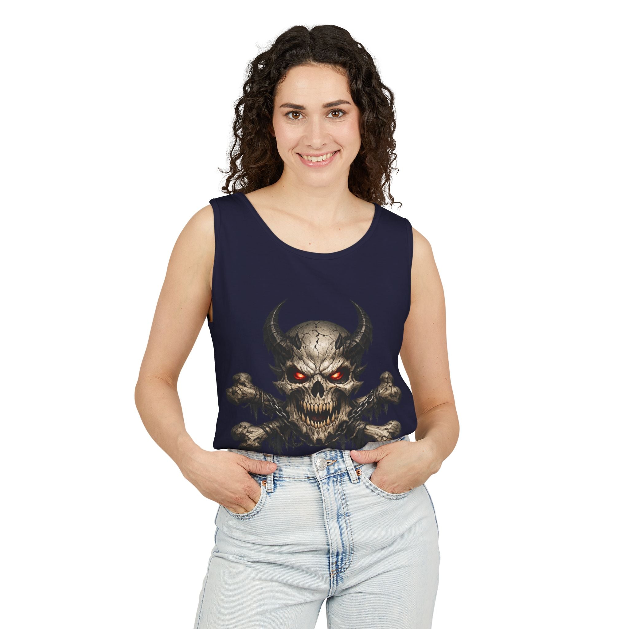Demon Skull Tank Top — Red-Eyed Skull & Crossbones Graphic