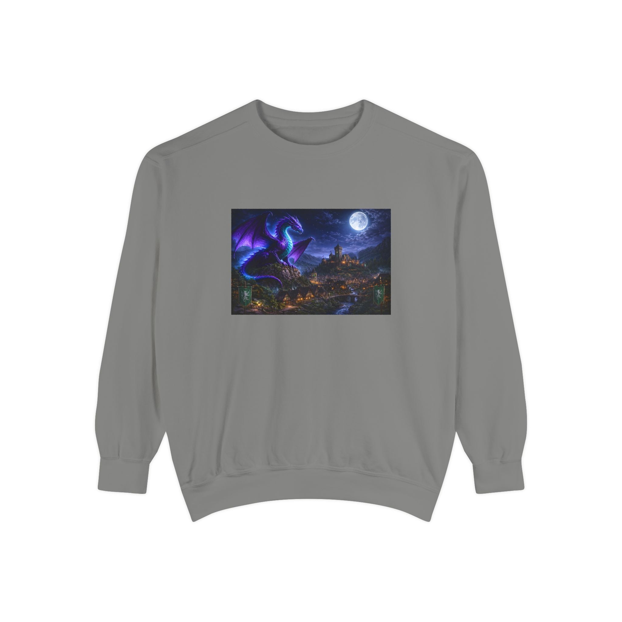 Dragon Night Sweatshirt — Mystical Purple Dragon Over Moonlit Village