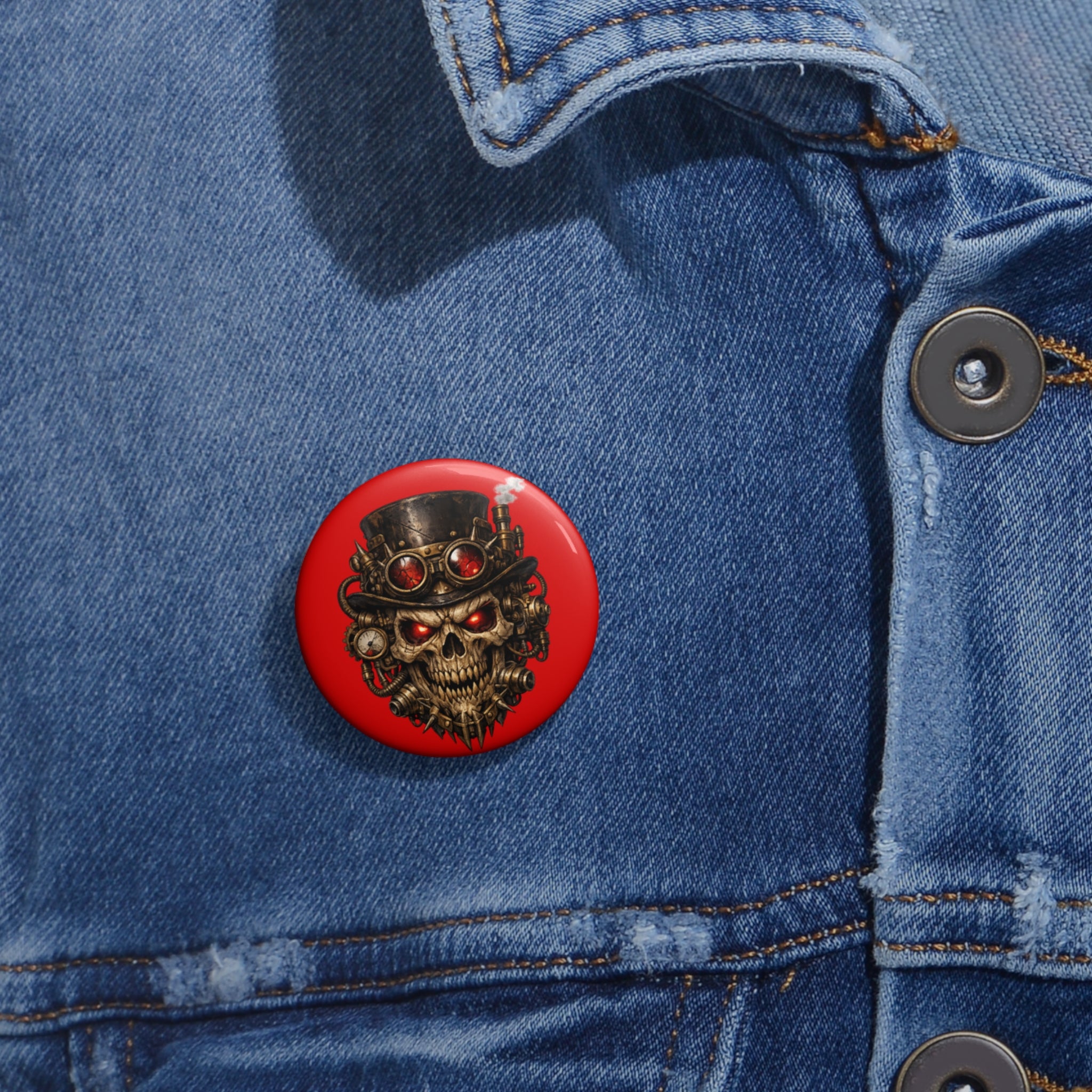 Skull Steampunk Pin Button — Red Gothic Skull Badge
