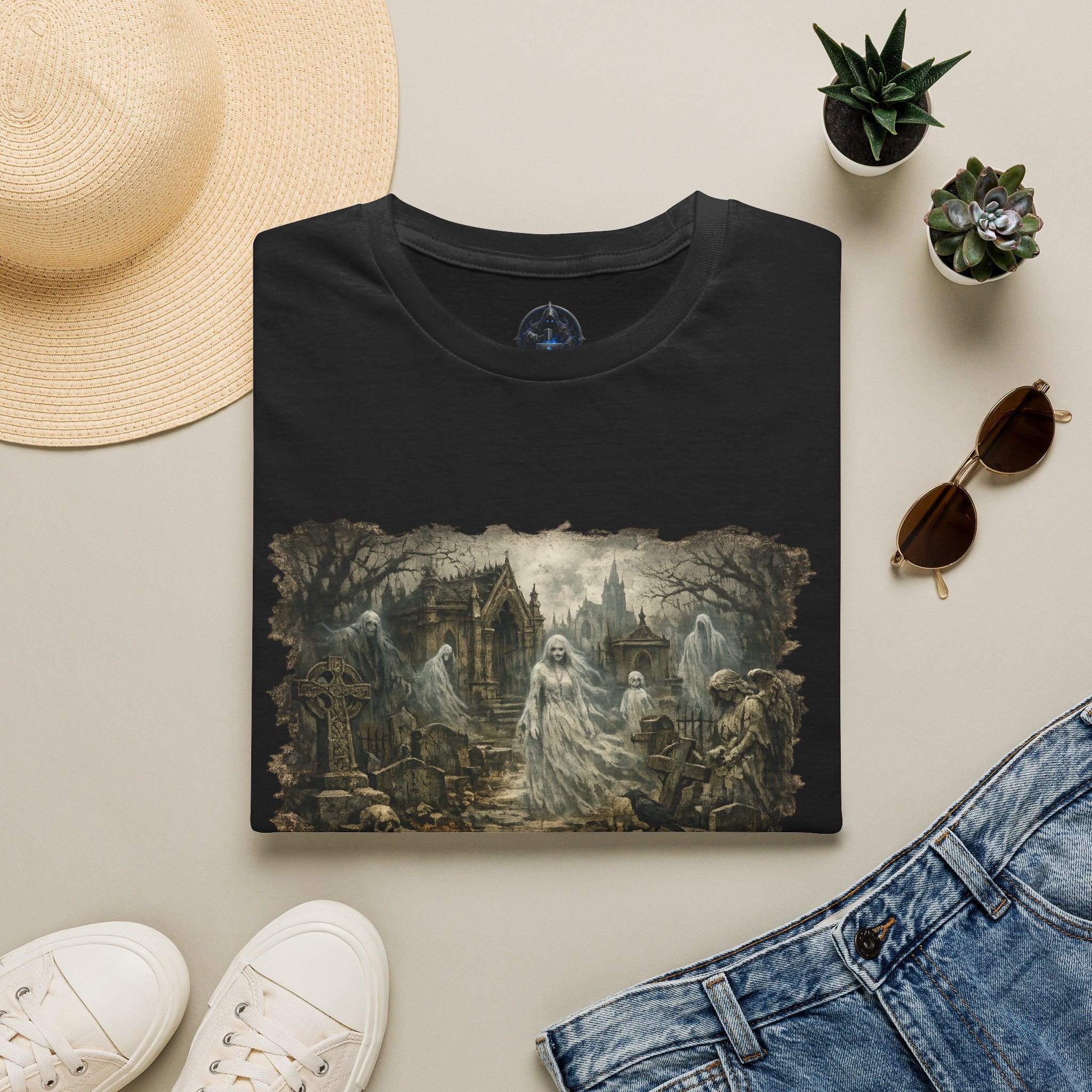 Gothic Graveyard Scene T-Shirt — Haunted Victorian Spirits Design