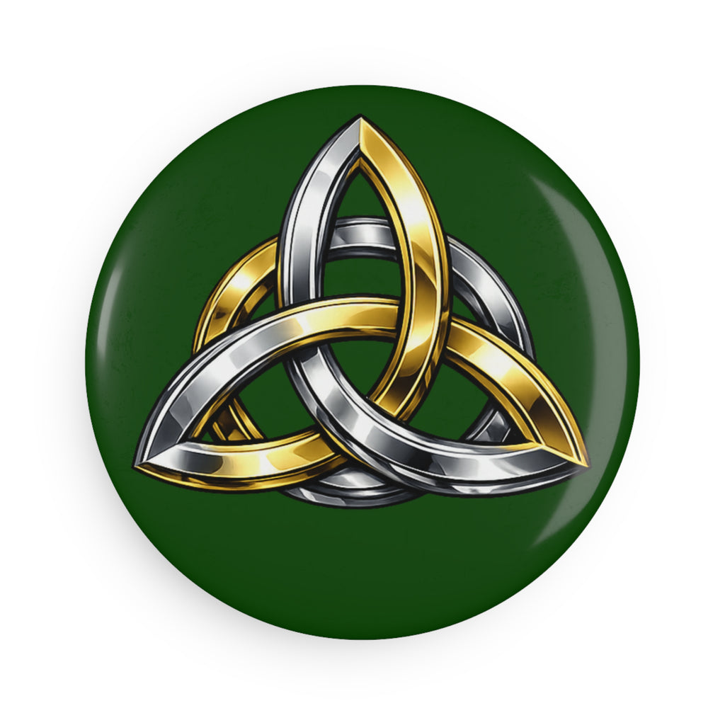 Celtic Knot Round Magnet — Gold & Silver Triquetra on Green
