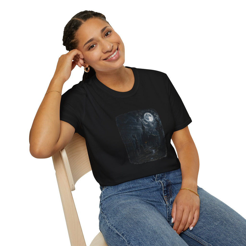 Moonlit Castle T-Shirt — Gothic Night Sky Tee for Fantasy & Goth Fans