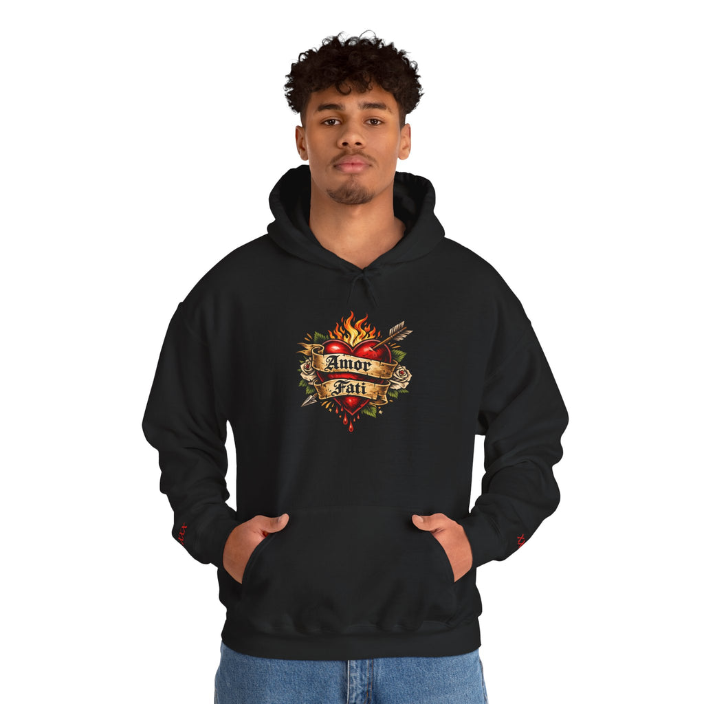 Amor Fati Flaming Heart Hoodie — Tattoo-Style Motivational Pullover