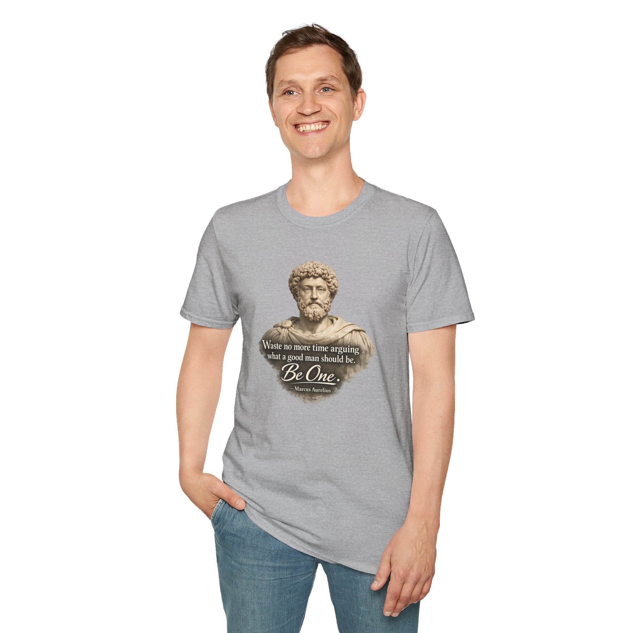 Marcus Aurelius Bust T-Shirt – “Waste No More Time Arguing” Stoic Quote Tee