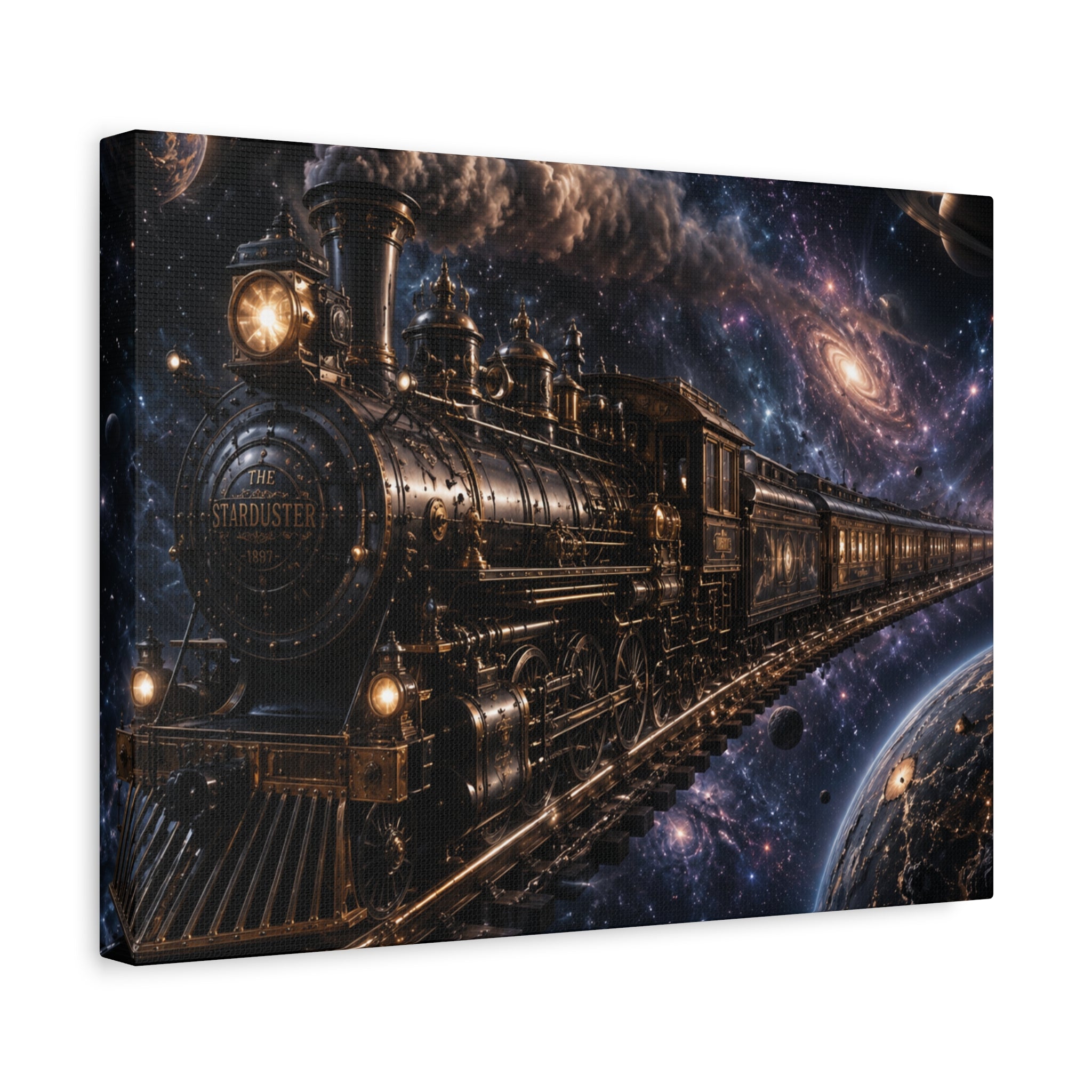 Steam Train Through the Cosmos Canvas Art — Vintage Locomotive Space Poster