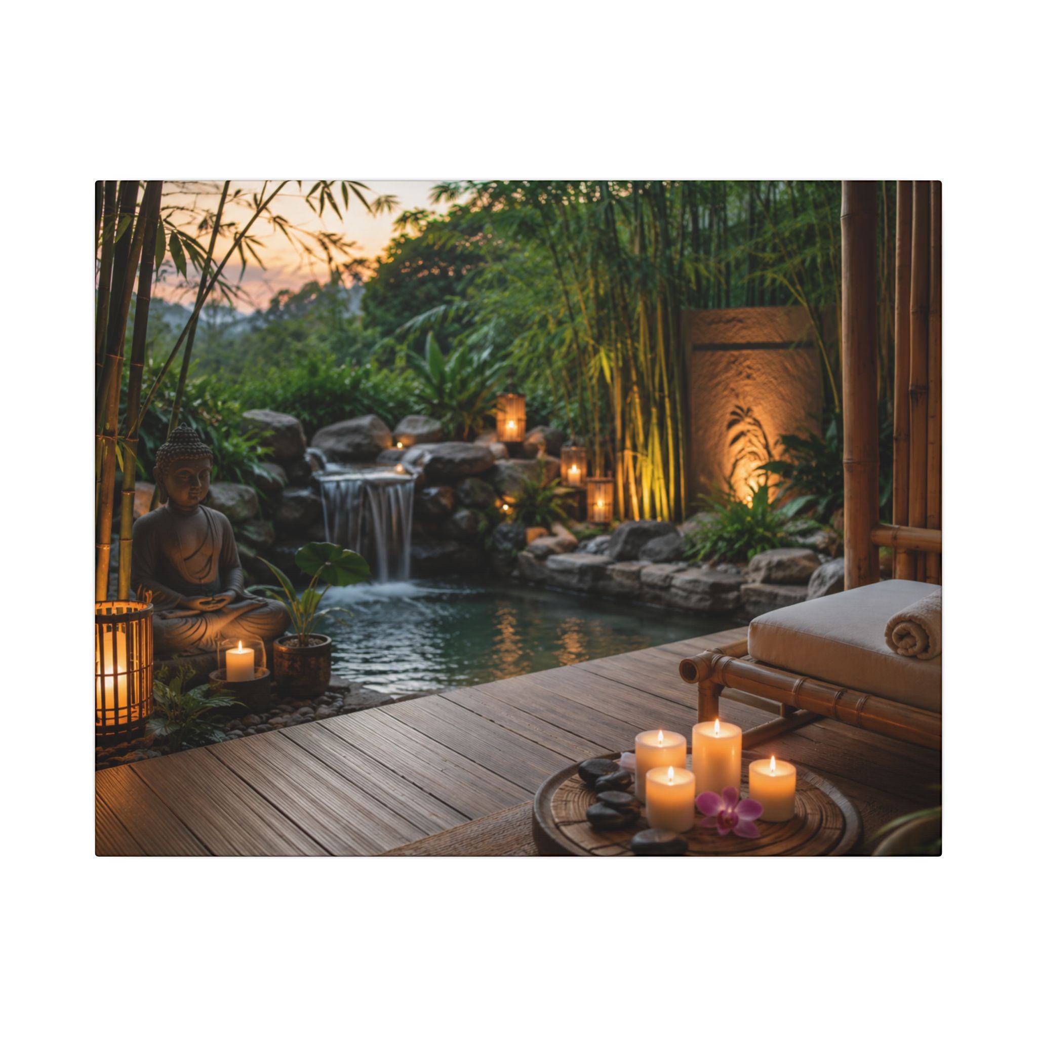Zen Spa Retreat Canvas — Tranquil Bamboo Waterfall Wall Art