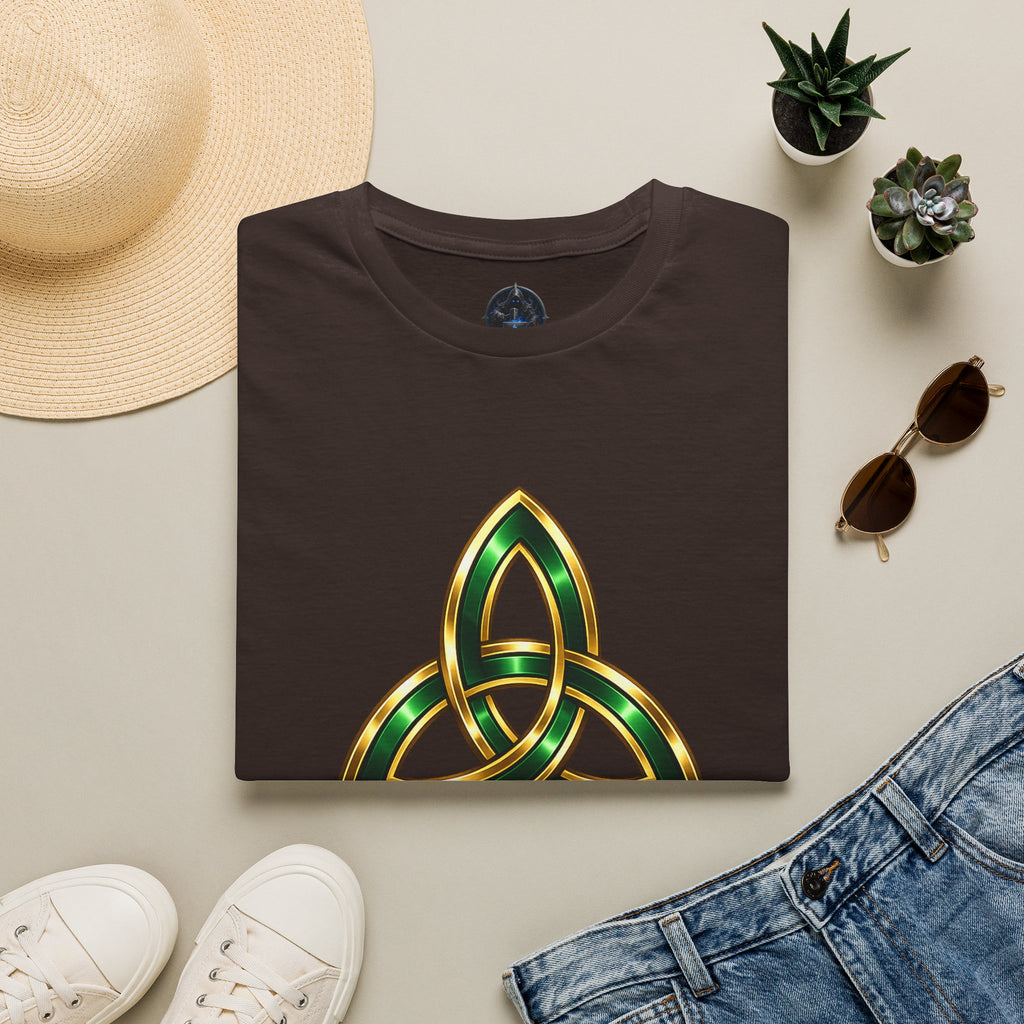 Celtic Trinity Knot T-Shirt — Gold & Emerald Irish Triquetra Design