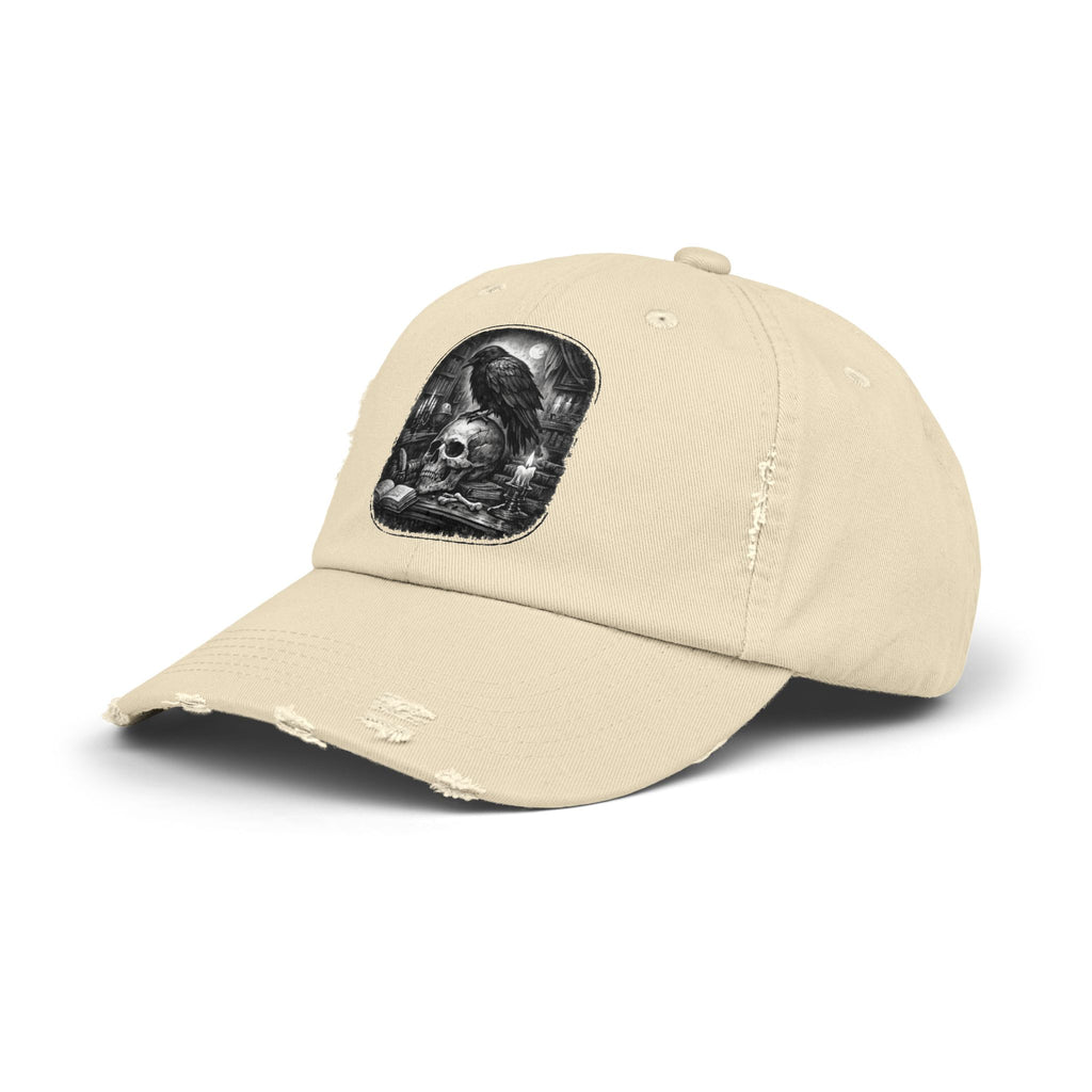 Distressed Raven & Skull Cap — Gothic Vintage Baseball Hat
