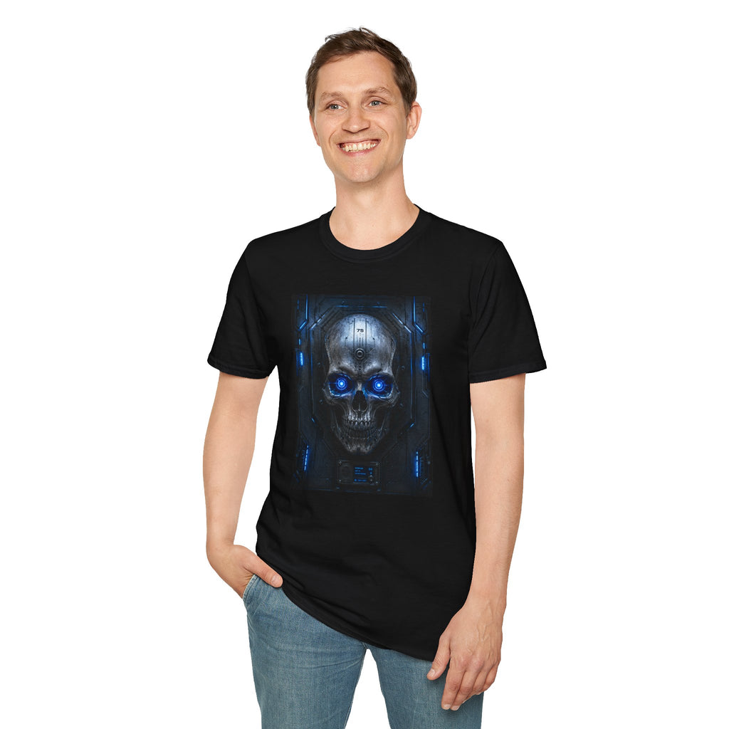 Skull Cyberpunk T-Shirt — Blue Glowing Skull Sci‑Fi Graphic Tee