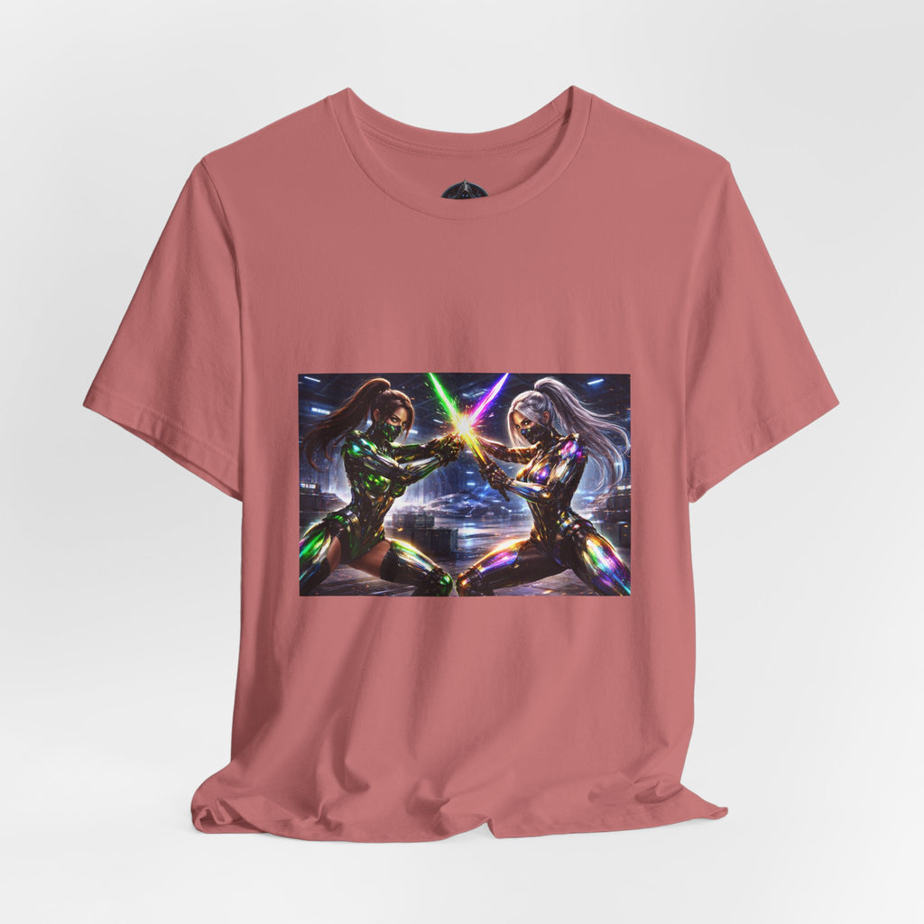 Sci‑Fi Duel Graphic Tee — Neon Cyber Warriors Chest Print