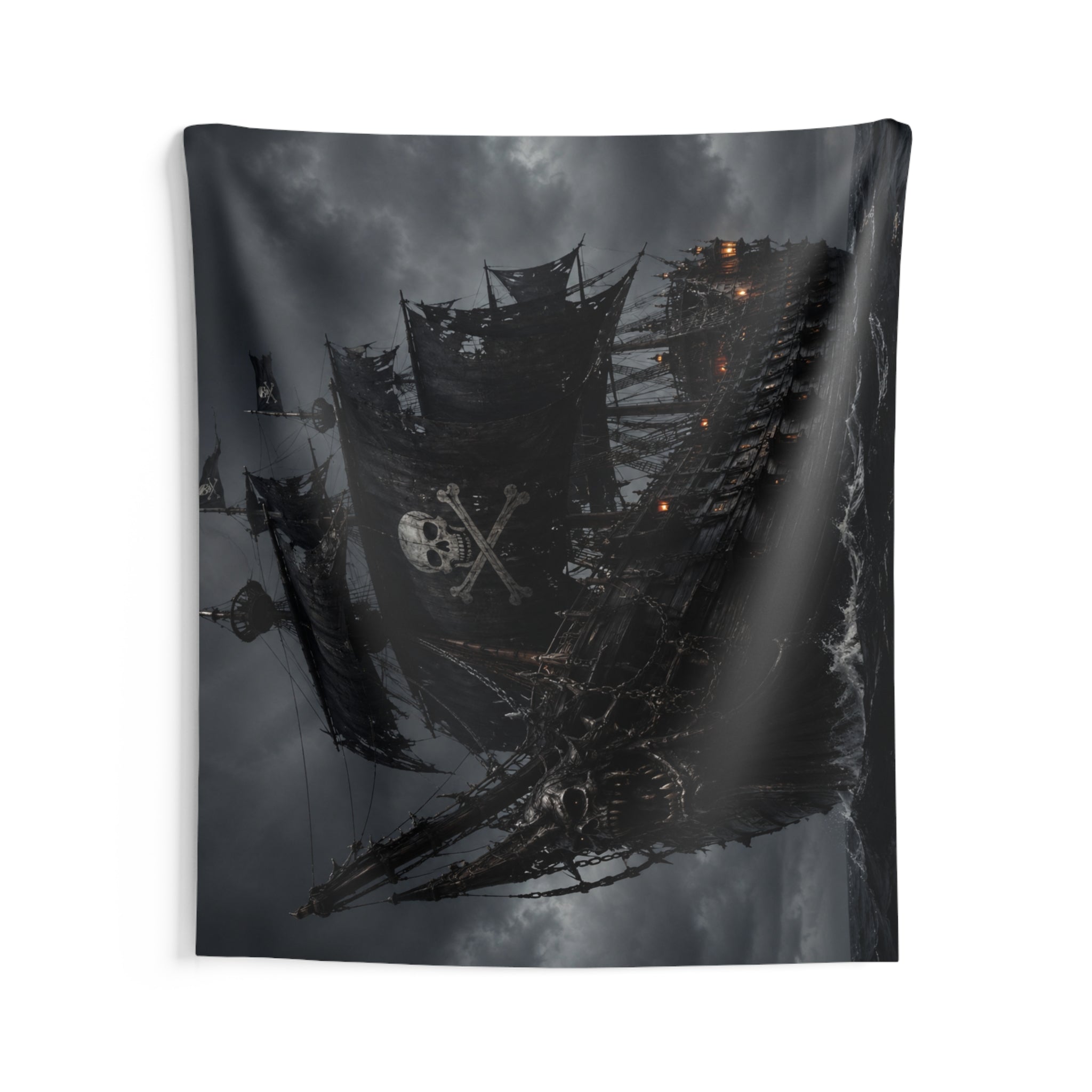 Pirate Ghost Ship Wall Tapestry — Dark Skull & Crossbones Nautical Decor