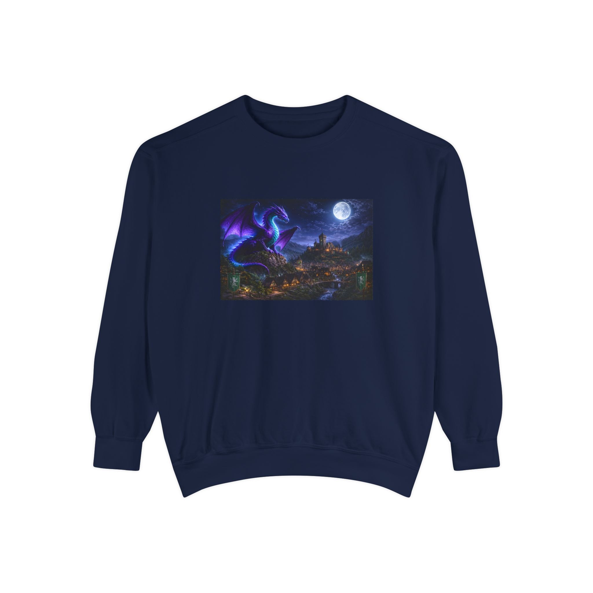 Dragon Night Sweatshirt — Mystical Purple Dragon Over Moonlit Village
