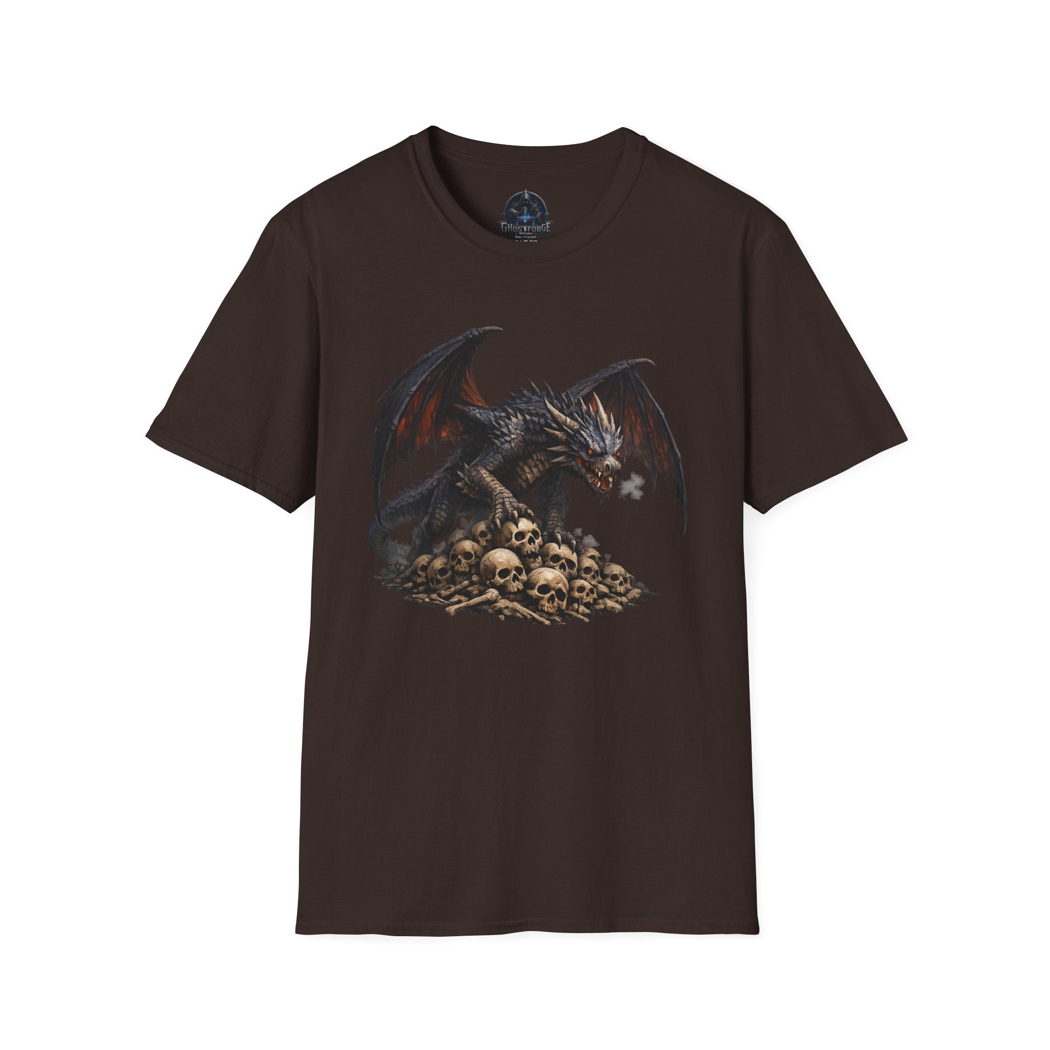 Dragon on Skull Pile Graphic T-Shirt — Dark Fantasy Winged Dragon Design