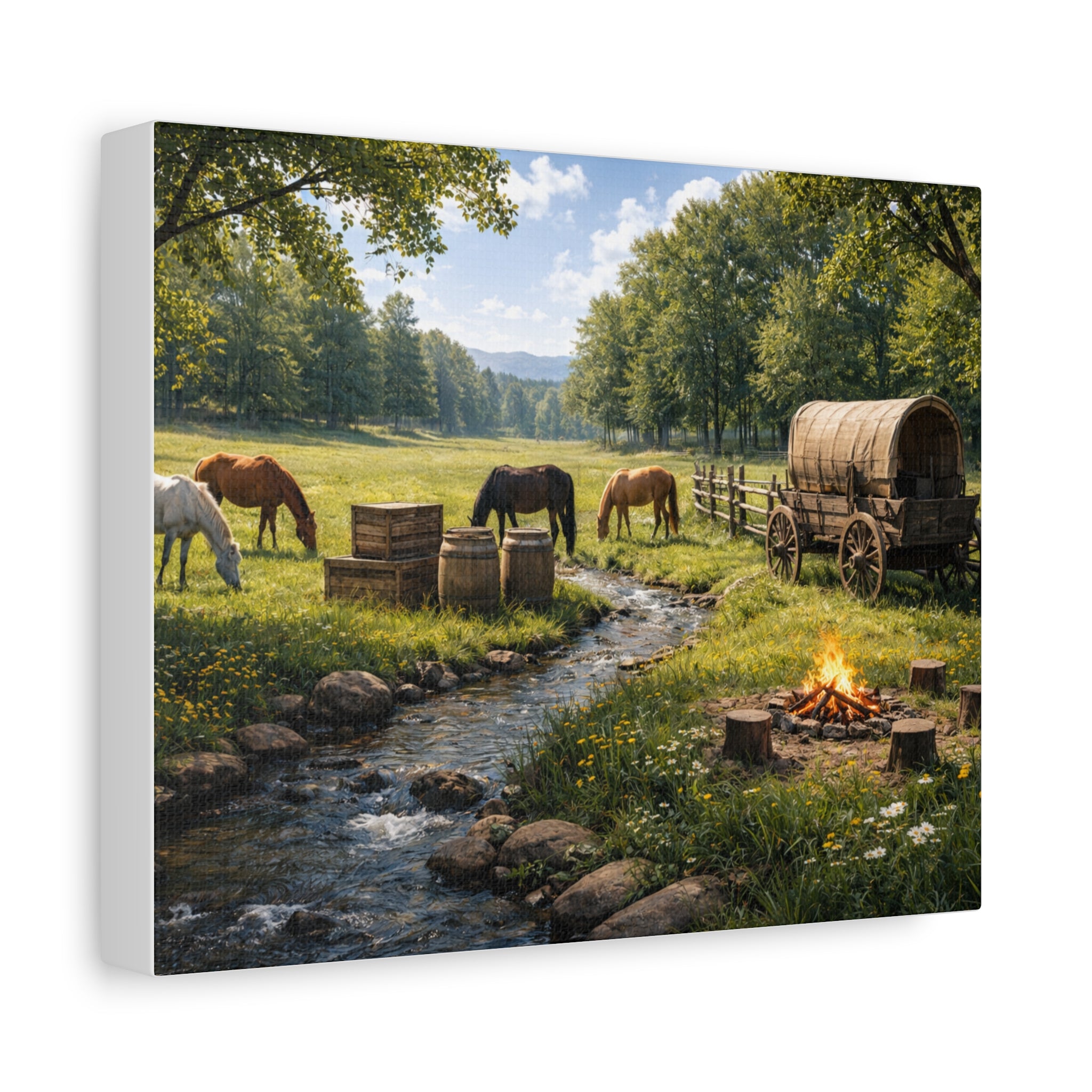 Country Trail Canvas Print – Rustic Wagon & Horses Matte Stretched Wall Art
