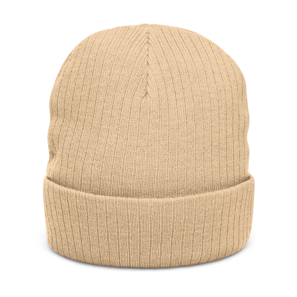 Faux-Embroidered Patch Ribbed Beanie — Vintage Crest Trio Knit Hat