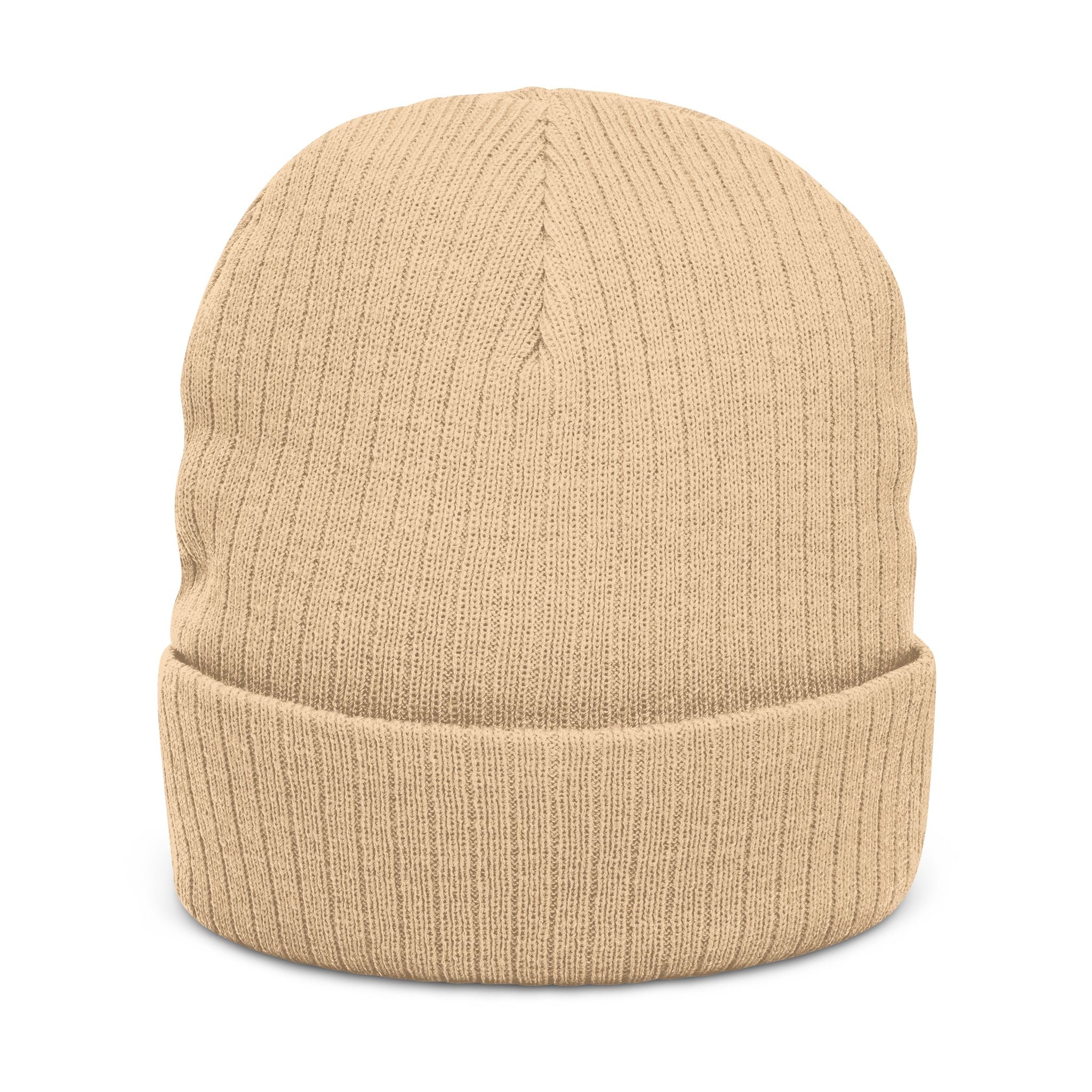 Faux-Embroidered Patch Ribbed Beanie — Vintage Crest Trio Knit Hat